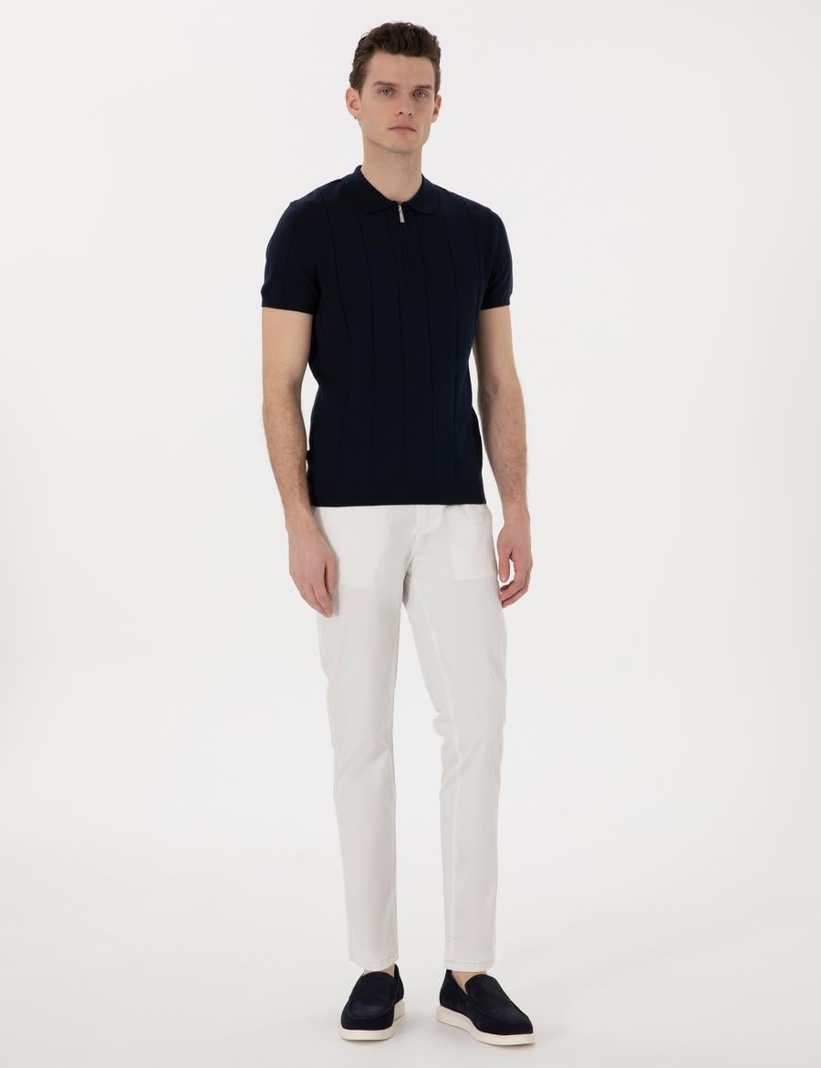 Ekru Slim Fit Beli Lastikli Kanvas Pantolon