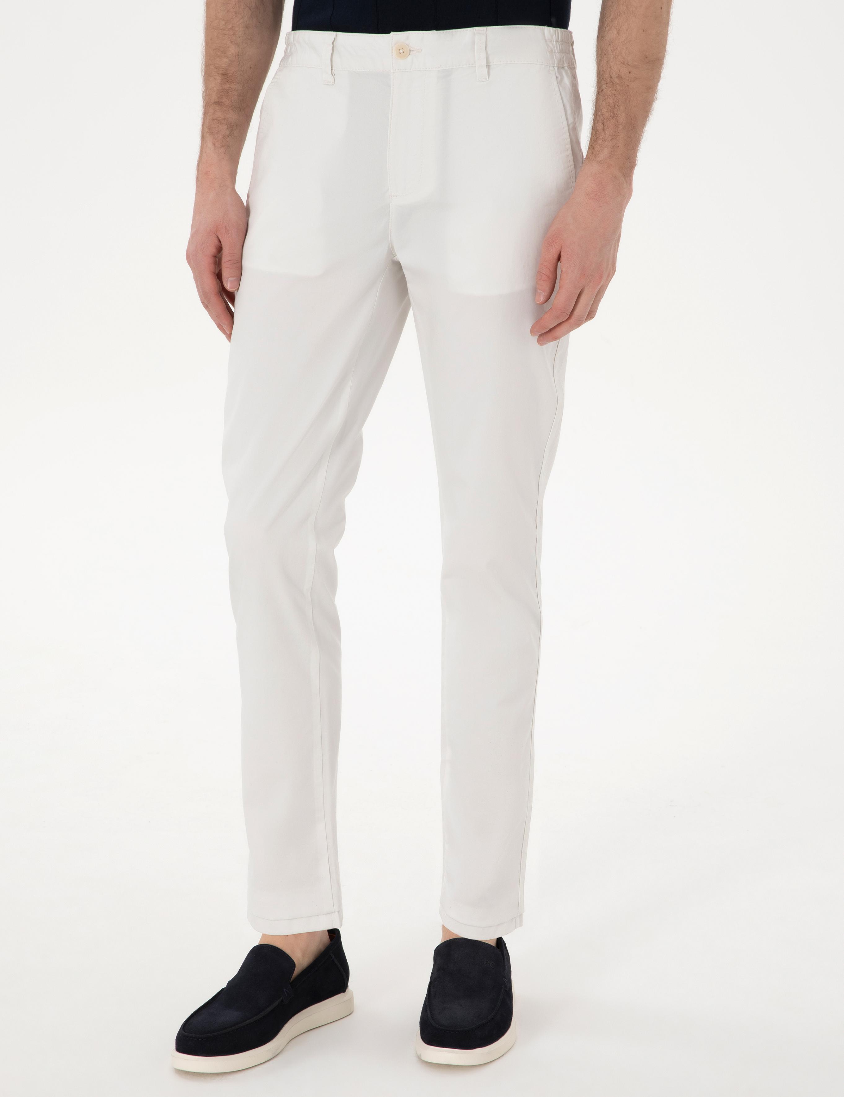 Ekru Slim Fit Beli Lastikli Kanvas Pantolon