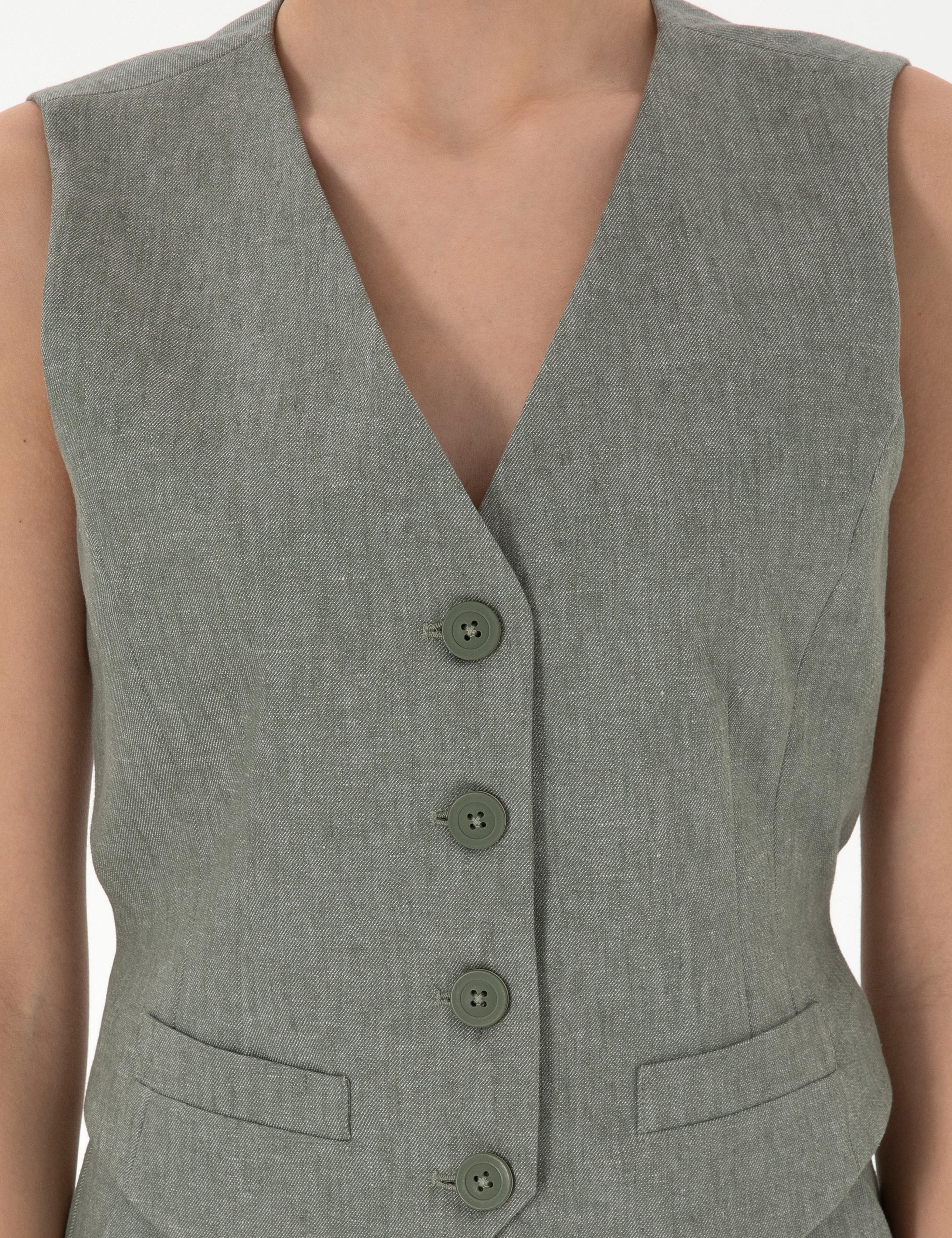 Haki Keten Karışımlı Yelek
