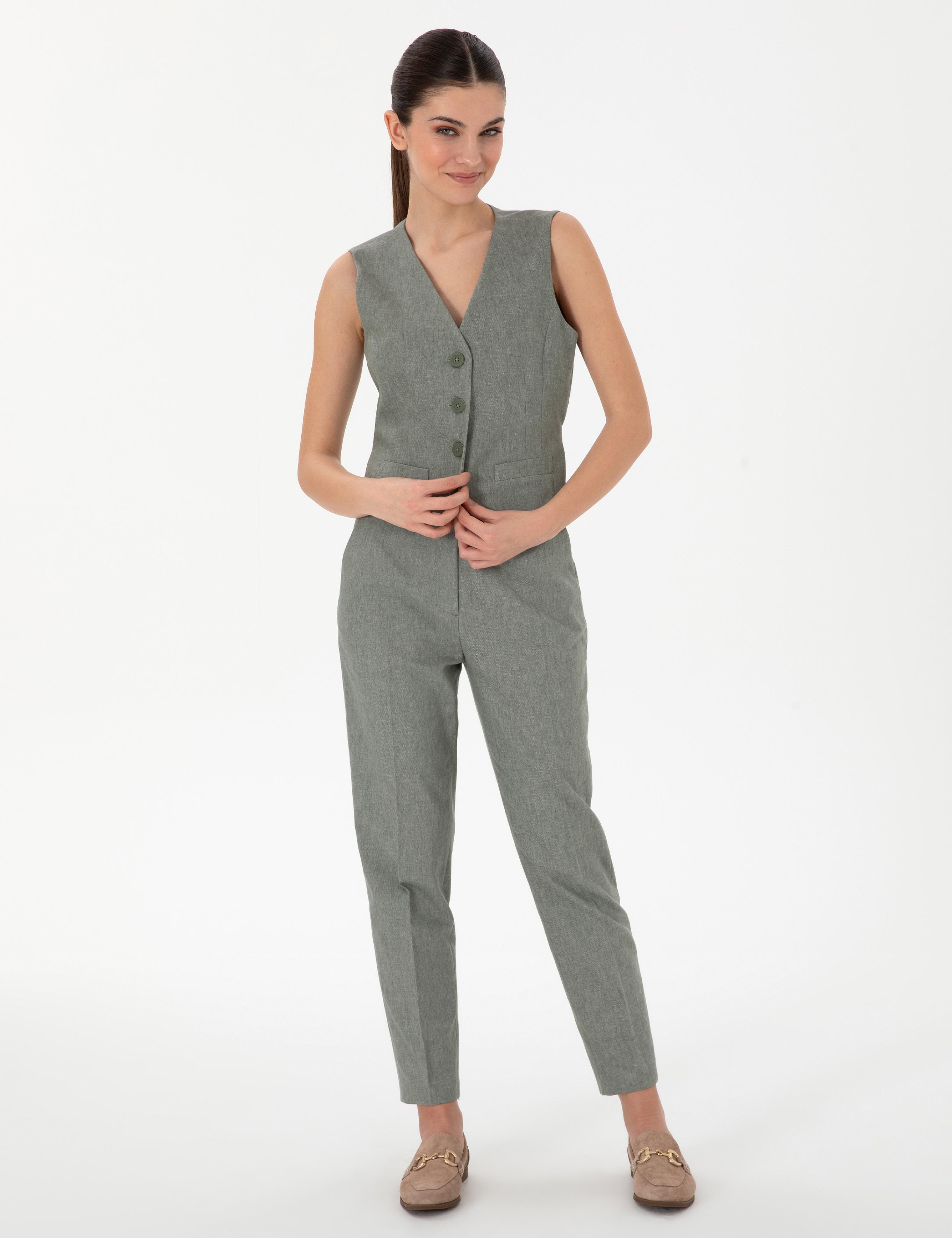 Haki Keten Karışımlı Yelek