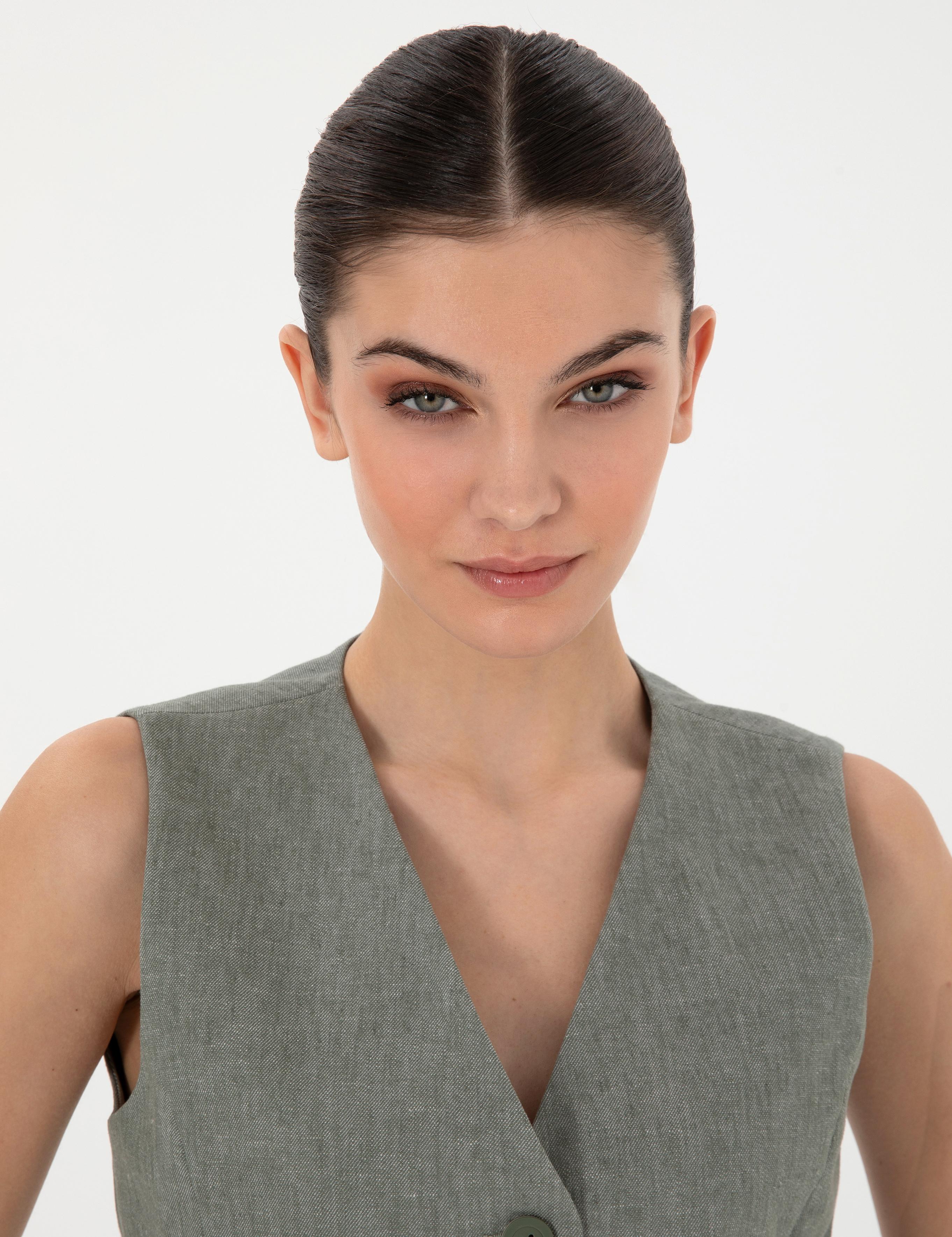 Haki Keten Karışımlı Yelek