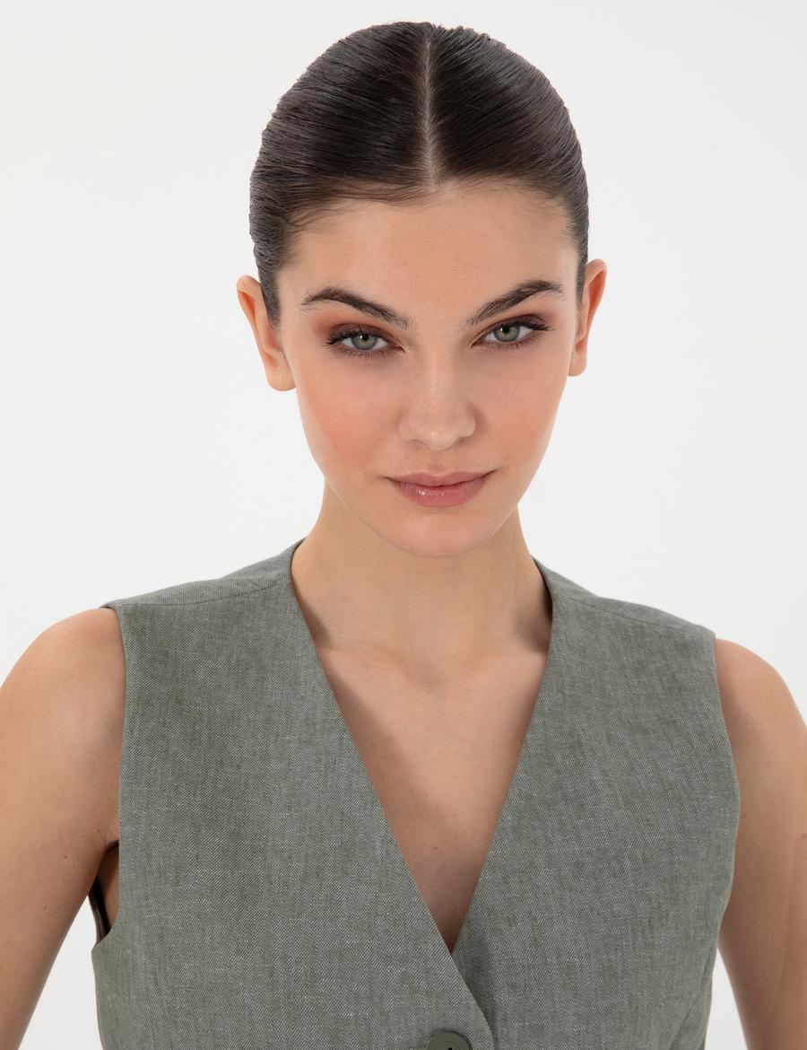 Haki Keten Karışımlı Yelek