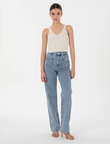 Açık Mavi High Waist Flare Fit Jean Pantolon