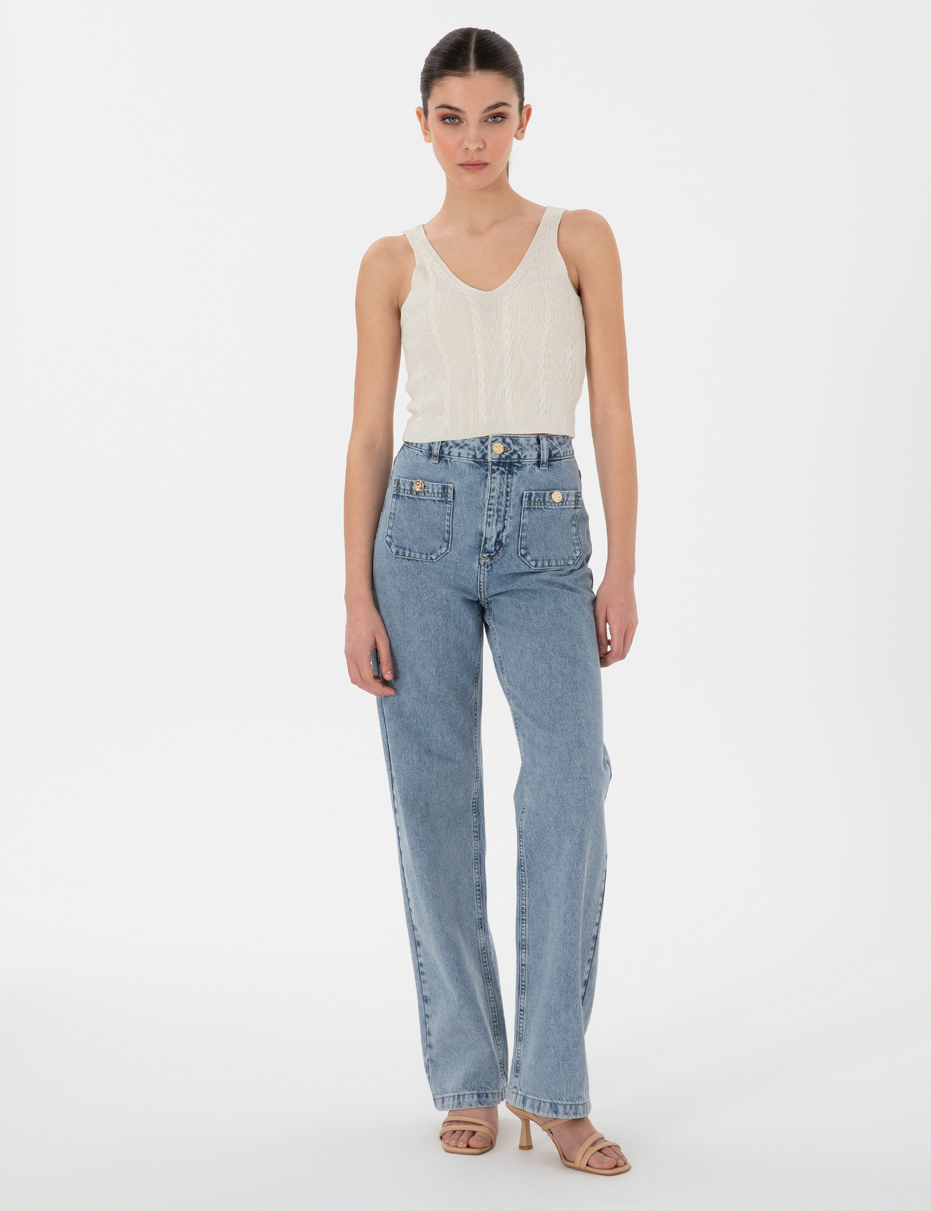 Açık Mavi High Waist Flare Fit Jean Pantolon