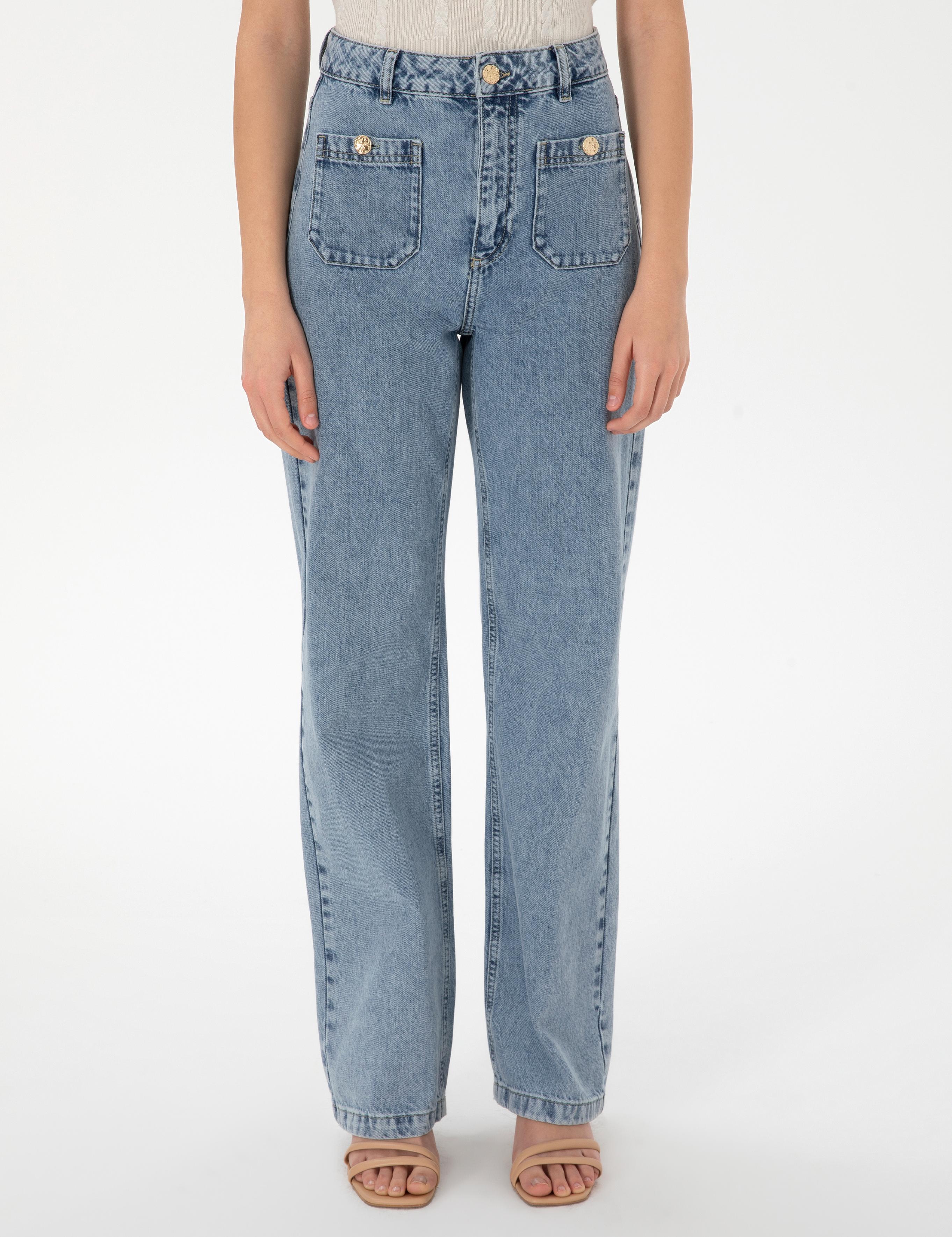 Açık Mavi High Waist Flare Fit Jean Pantolon