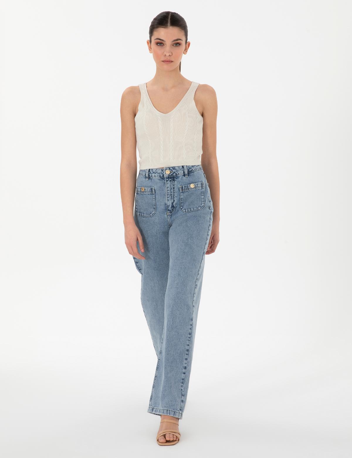 Açık Mavi High Waist Flare Fit Jean Pantolon