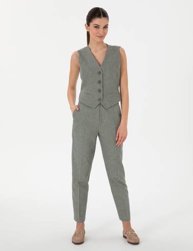 Haki Keten Karışımlı Kumaş Pantolon