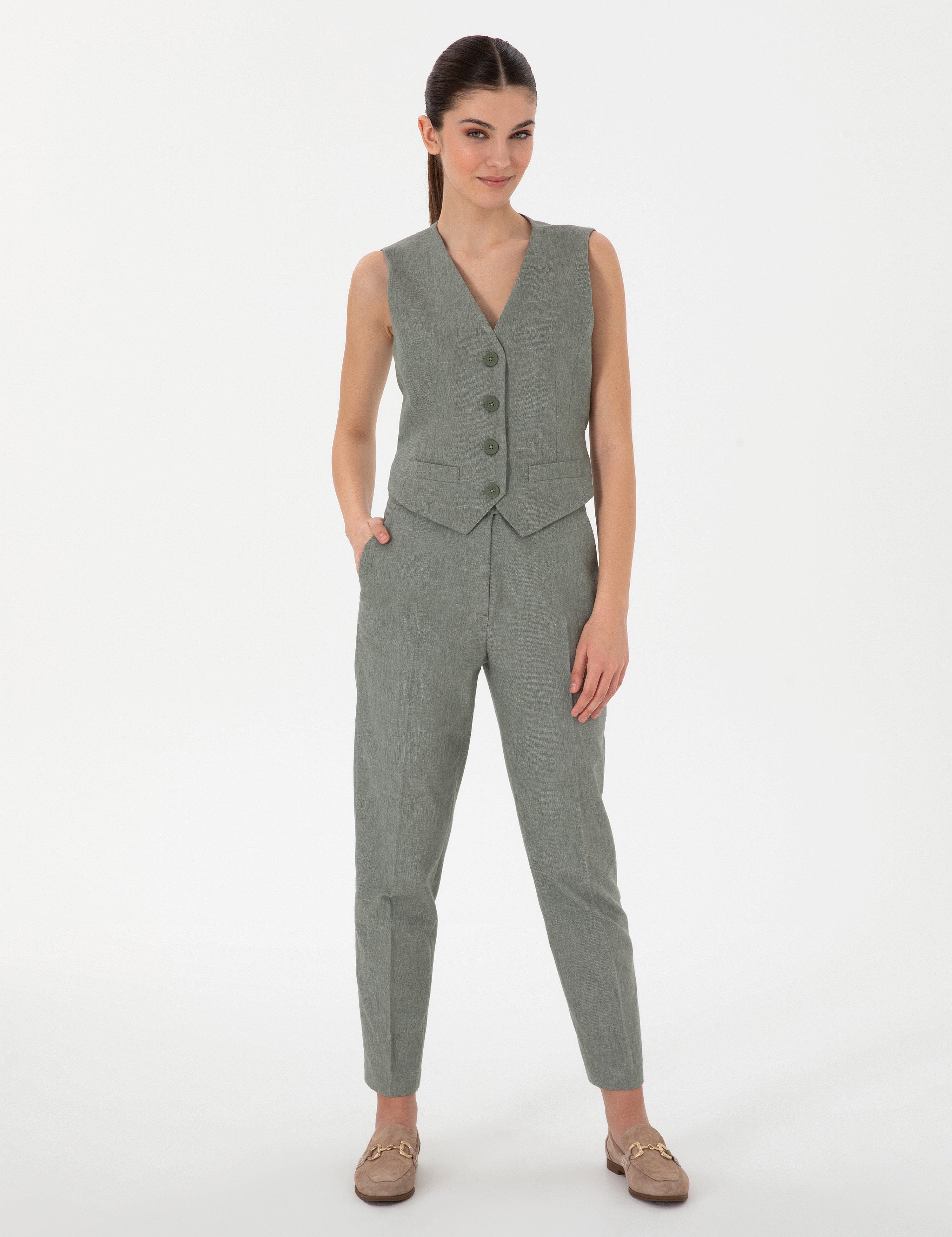 Haki Keten Karışımlı Kumaş Pantolon - Image 3