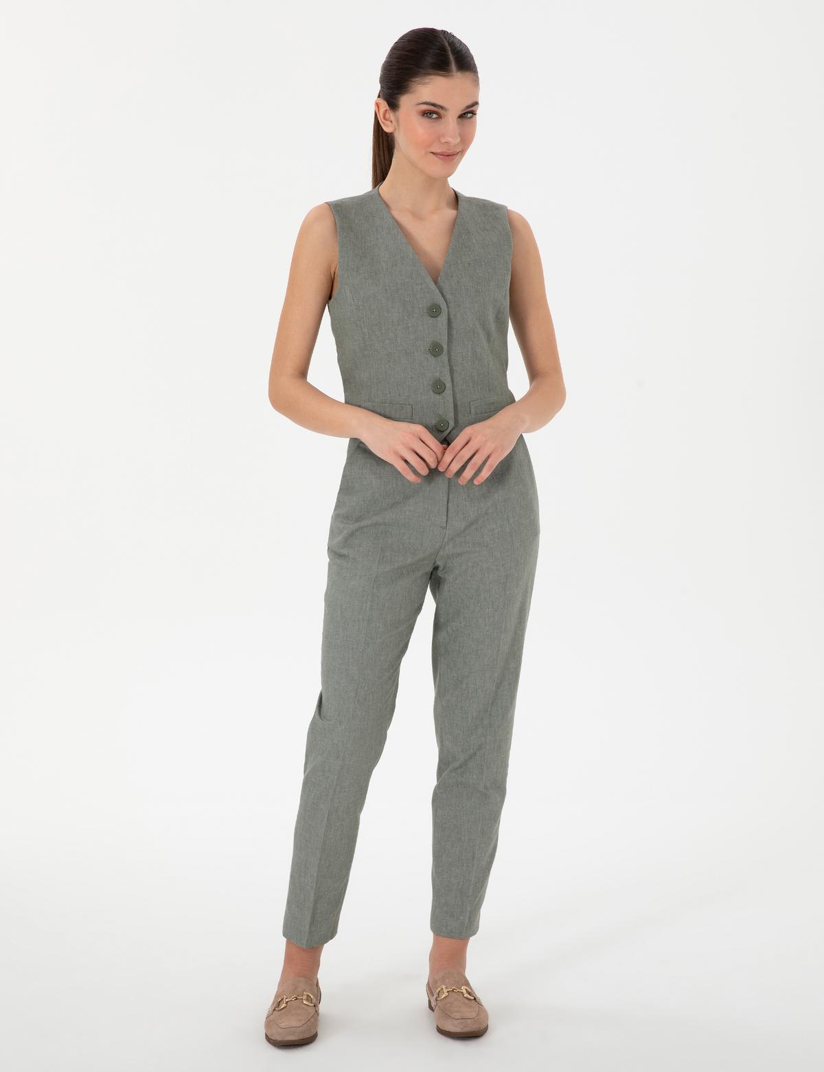 Haki Keten Karışımlı Kumaş Pantolon