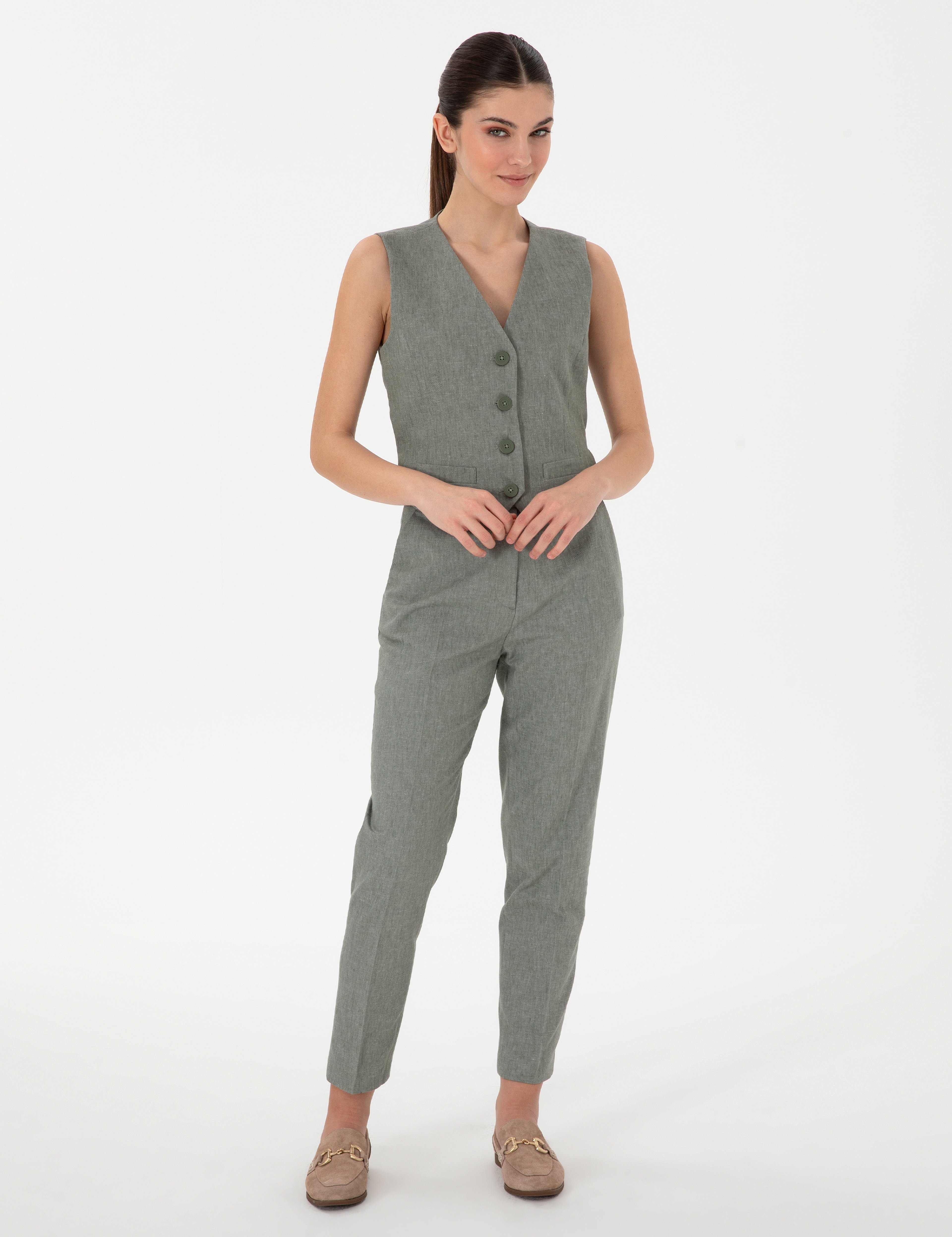 Haki Keten Karışımlı Kumaş Pantolon - Image 1