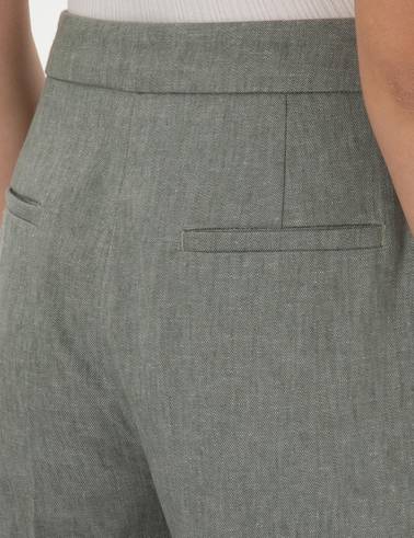 Haki Keten Karışımlı Kumaş Pantolon