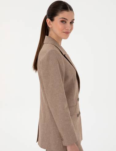 Camel Slim Fit Keten Karışımlı Ceket