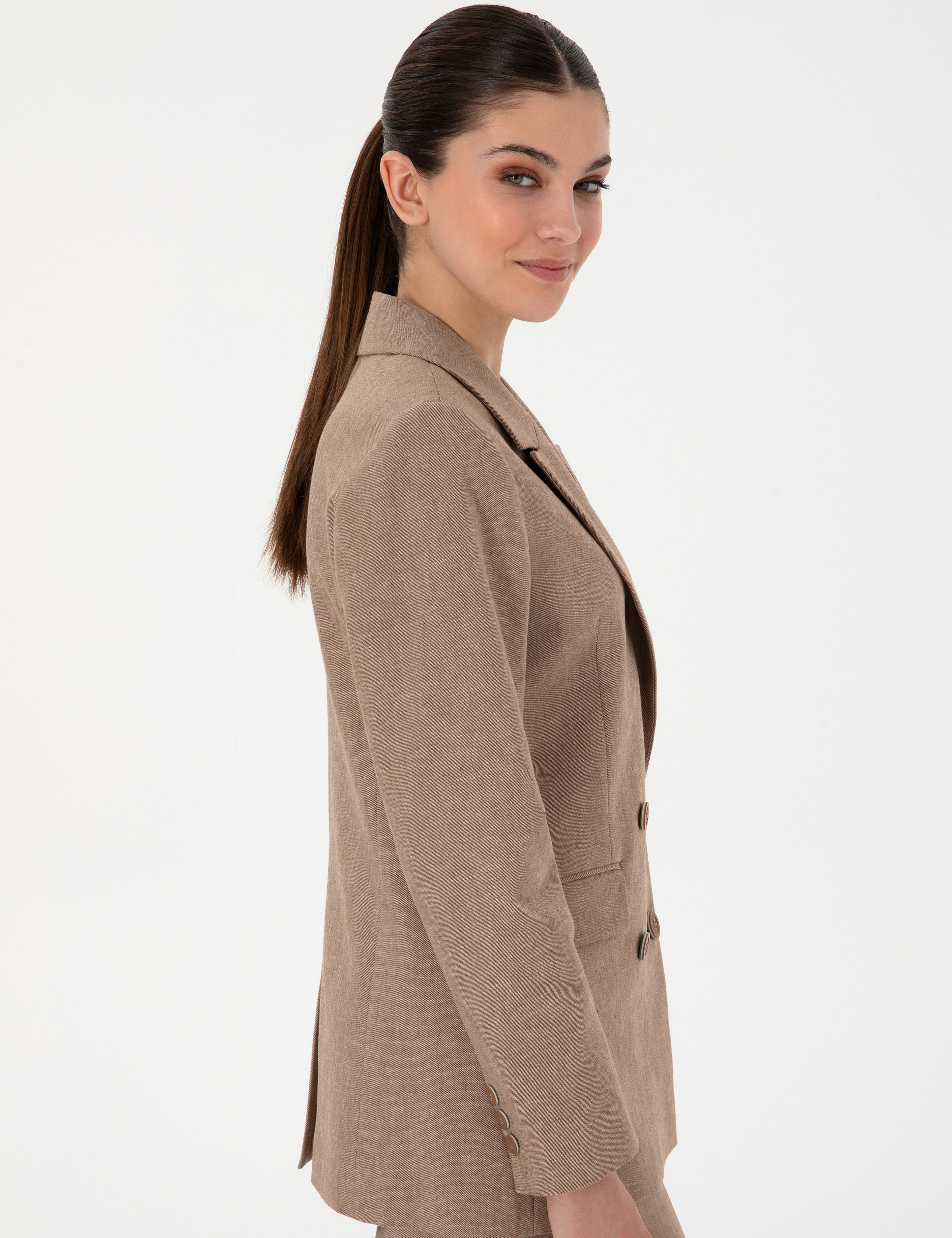 Camel Slim Fit Keten Karışımlı Ceket - Image 3
