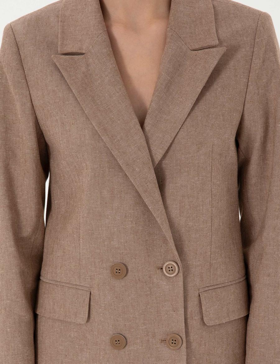 Camel Slim Fit Keten Karışımlı Ceket