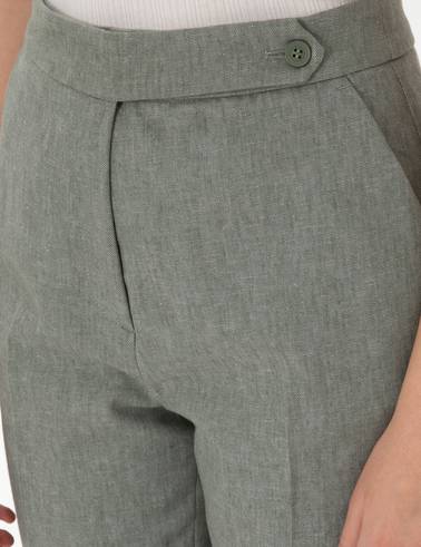 Haki Keten Karışımlı Kumaş Pantolon