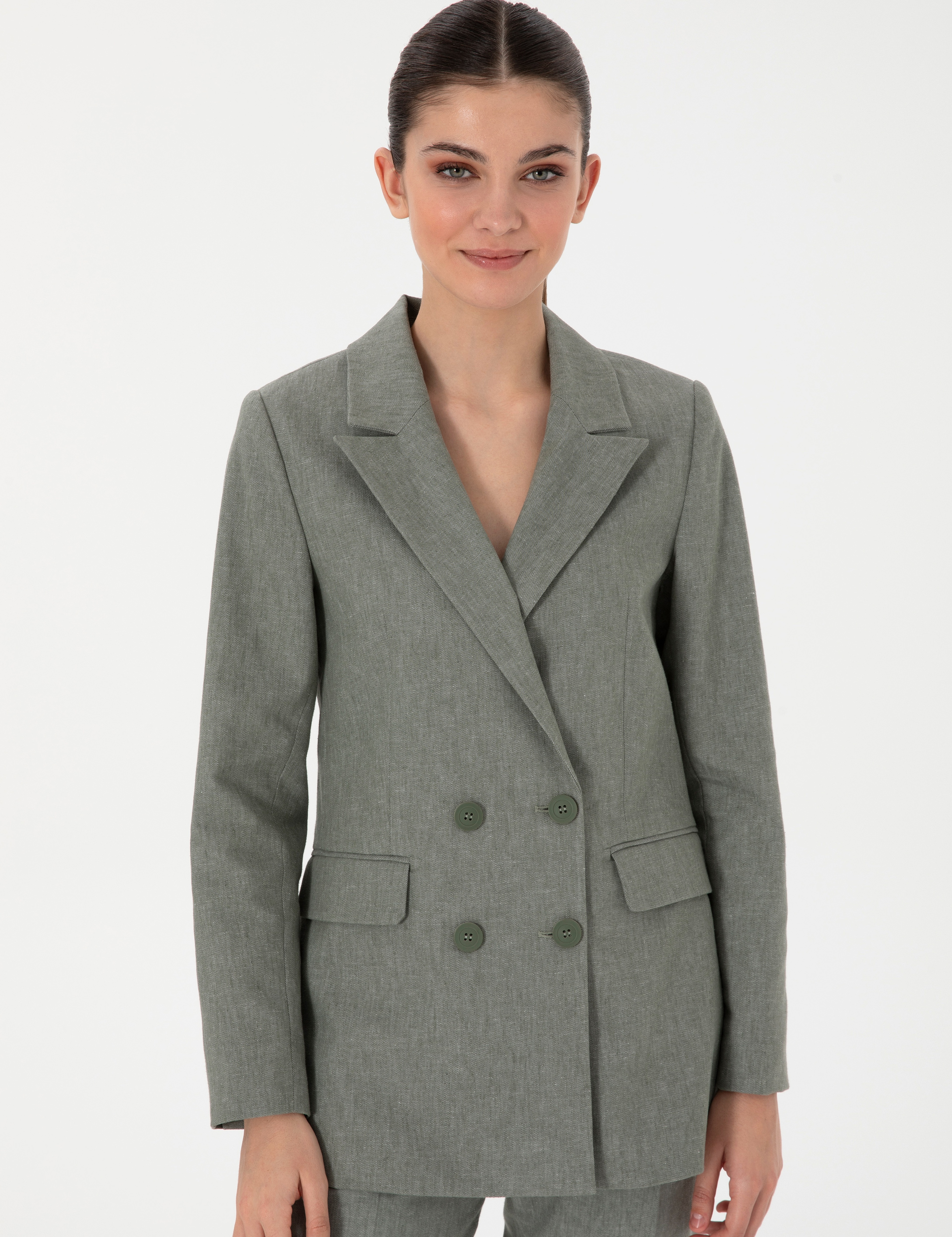 Haki Slim Fit Keten Karışımlı Ceket - Image 3