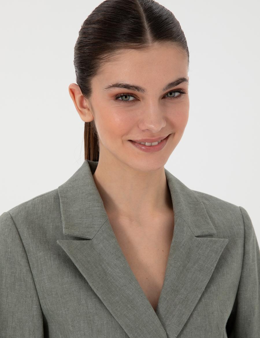 Haki Slim Fit Keten Karışımlı Ceket