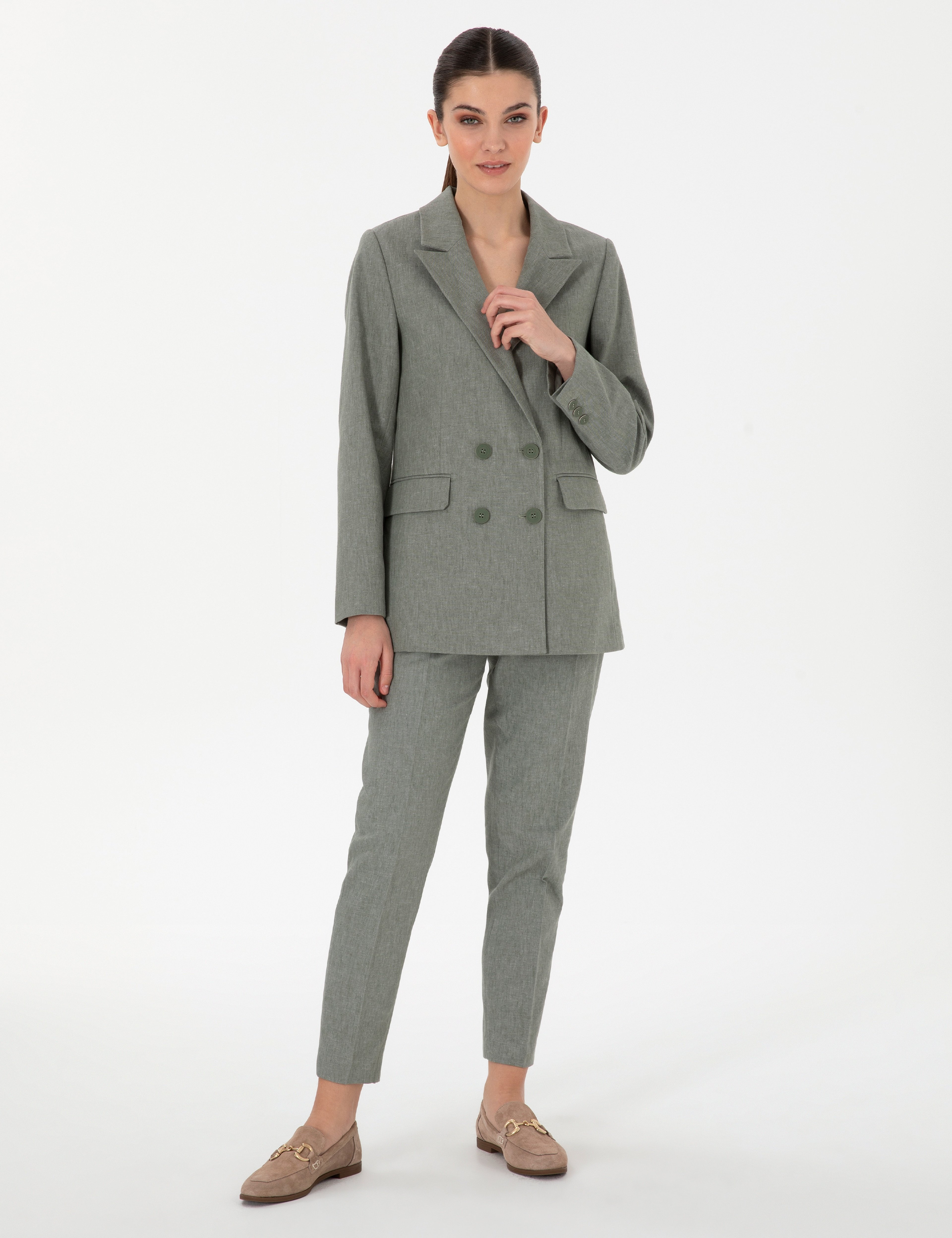 Haki Slim Fit Keten Karışımlı Ceket