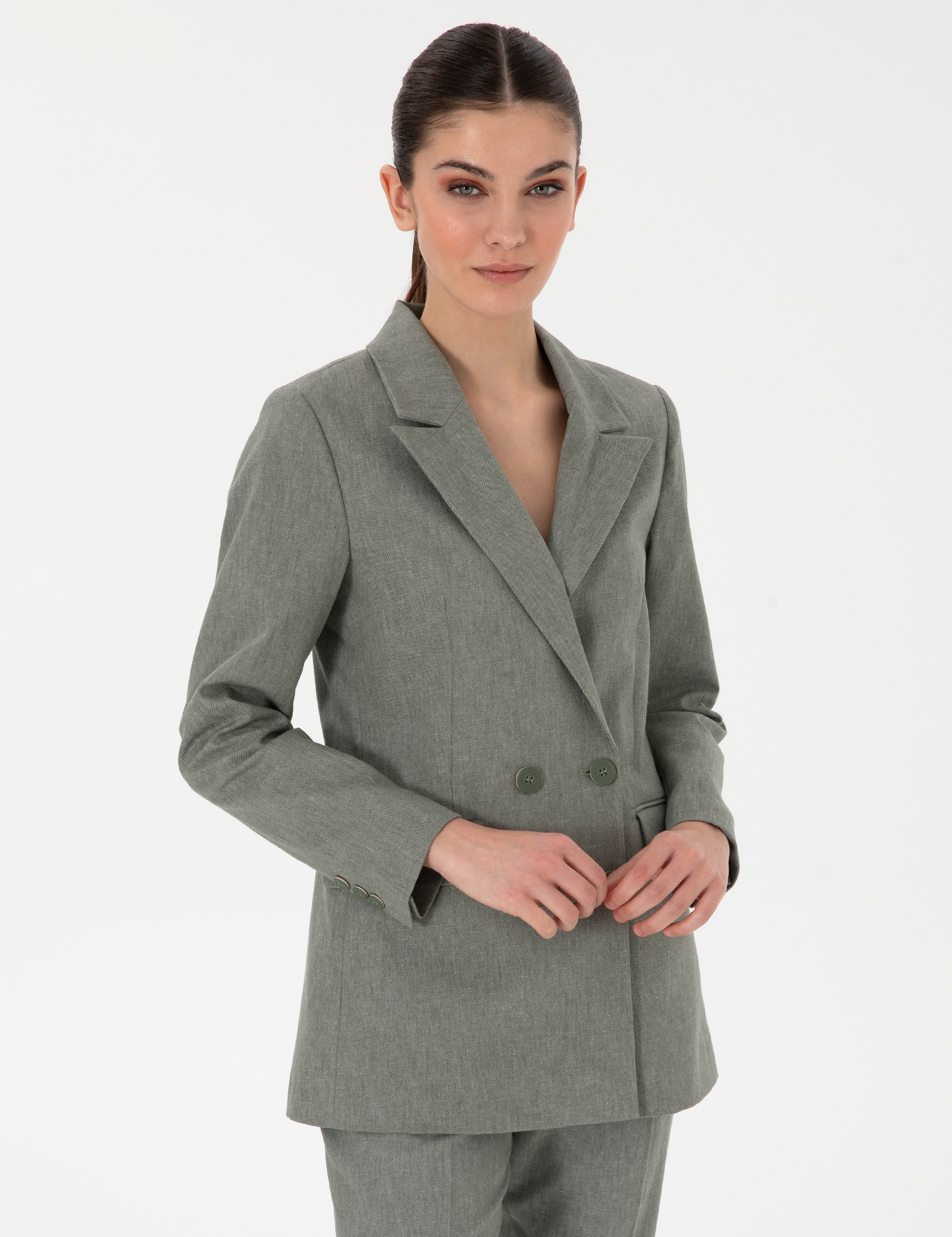 Haki Slim Fit Keten Karışımlı Ceket - Image 1