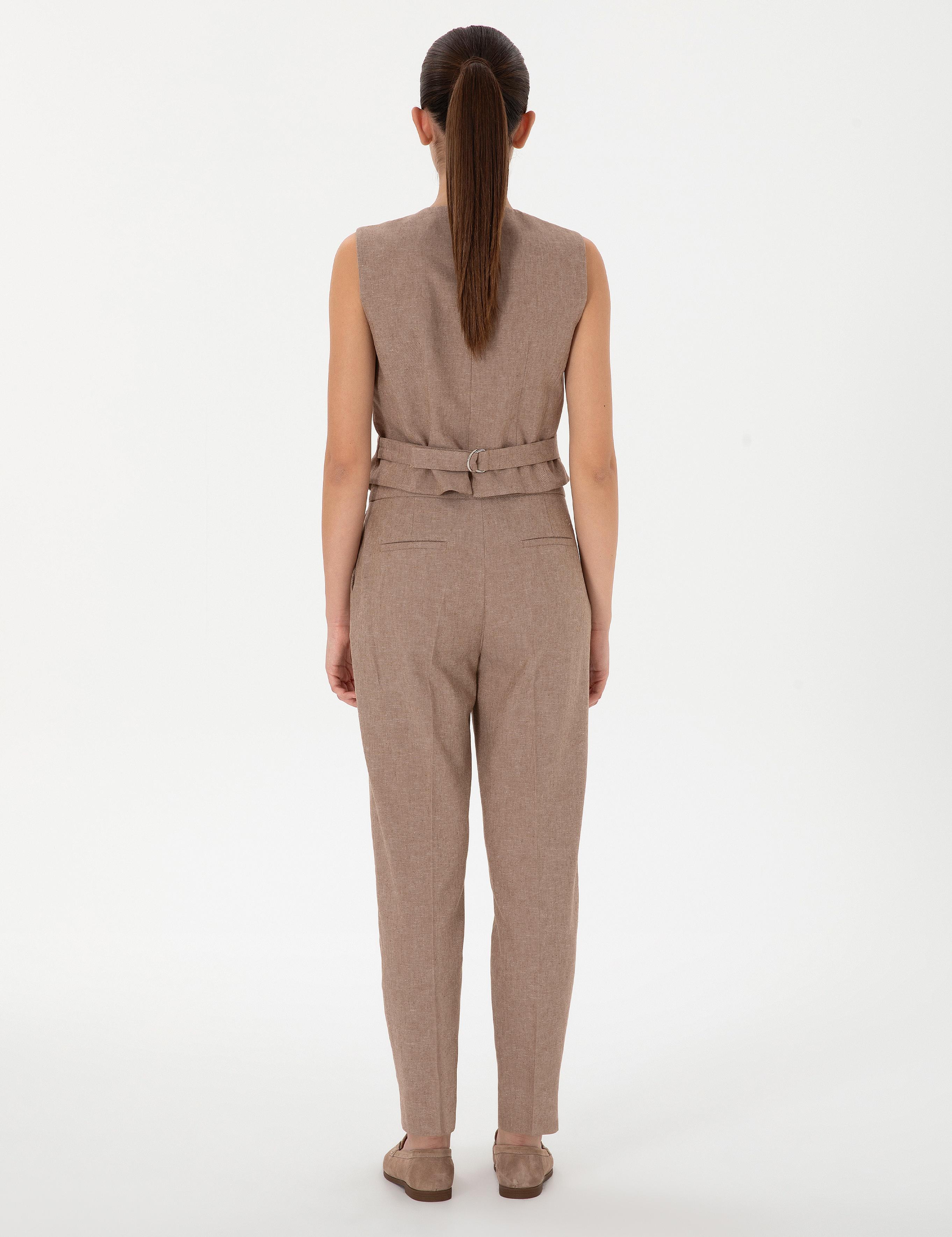 Camel Keten Karışımlı Kumaş Pantolon