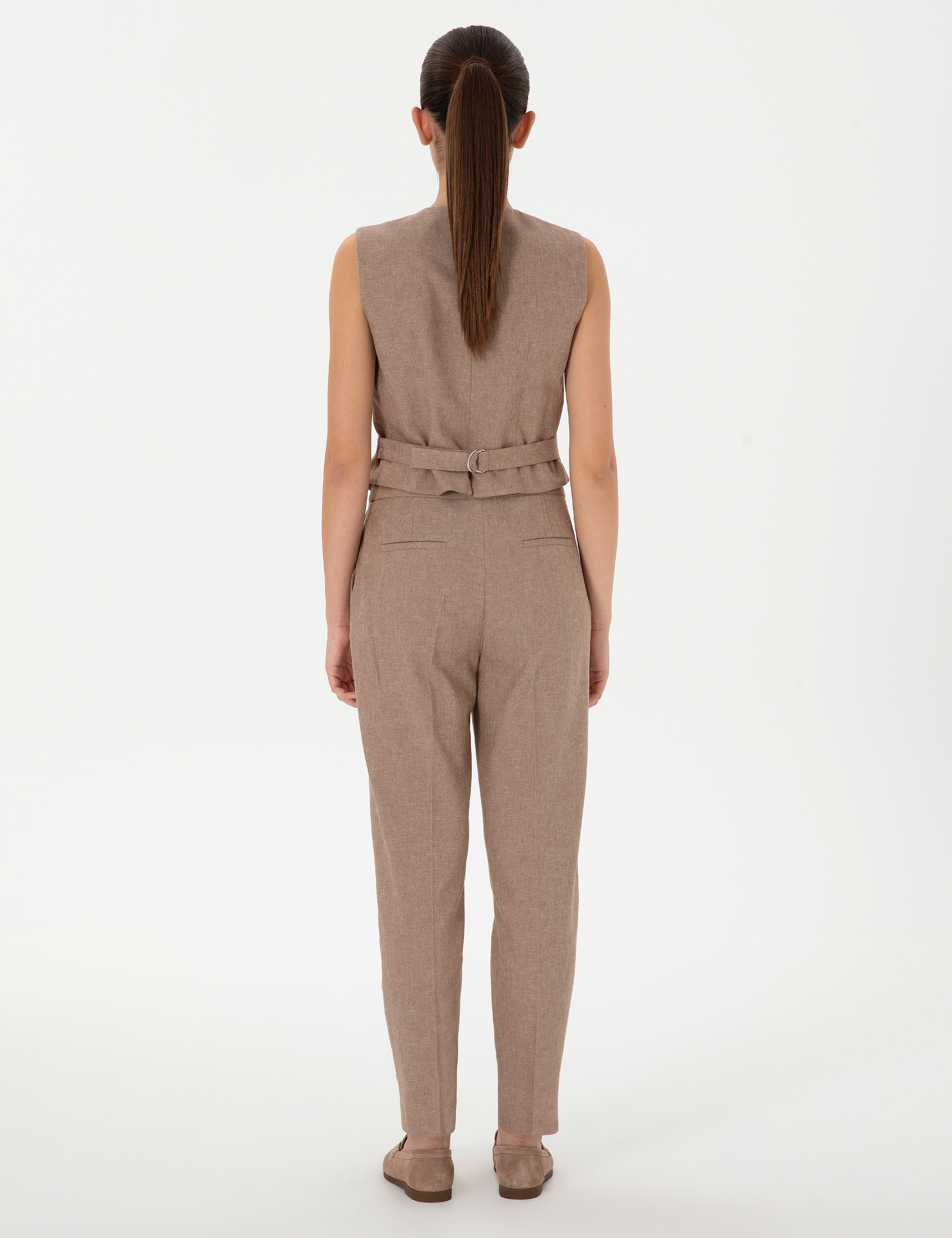 Camel Keten Karışımlı Kumaş Pantolon - Image 4