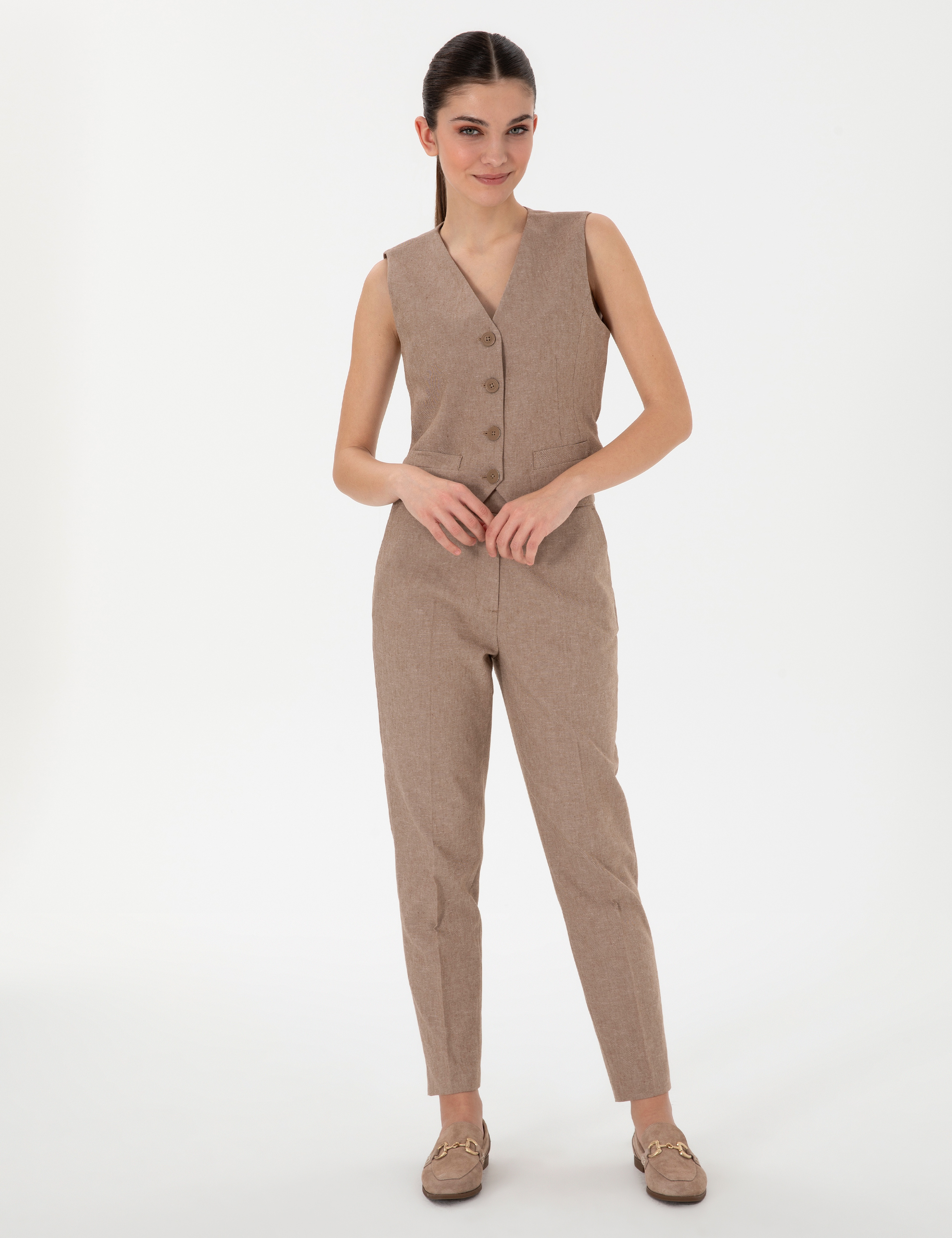 Camel Keten Karışımlı Kumaş Pantolon - Image 1