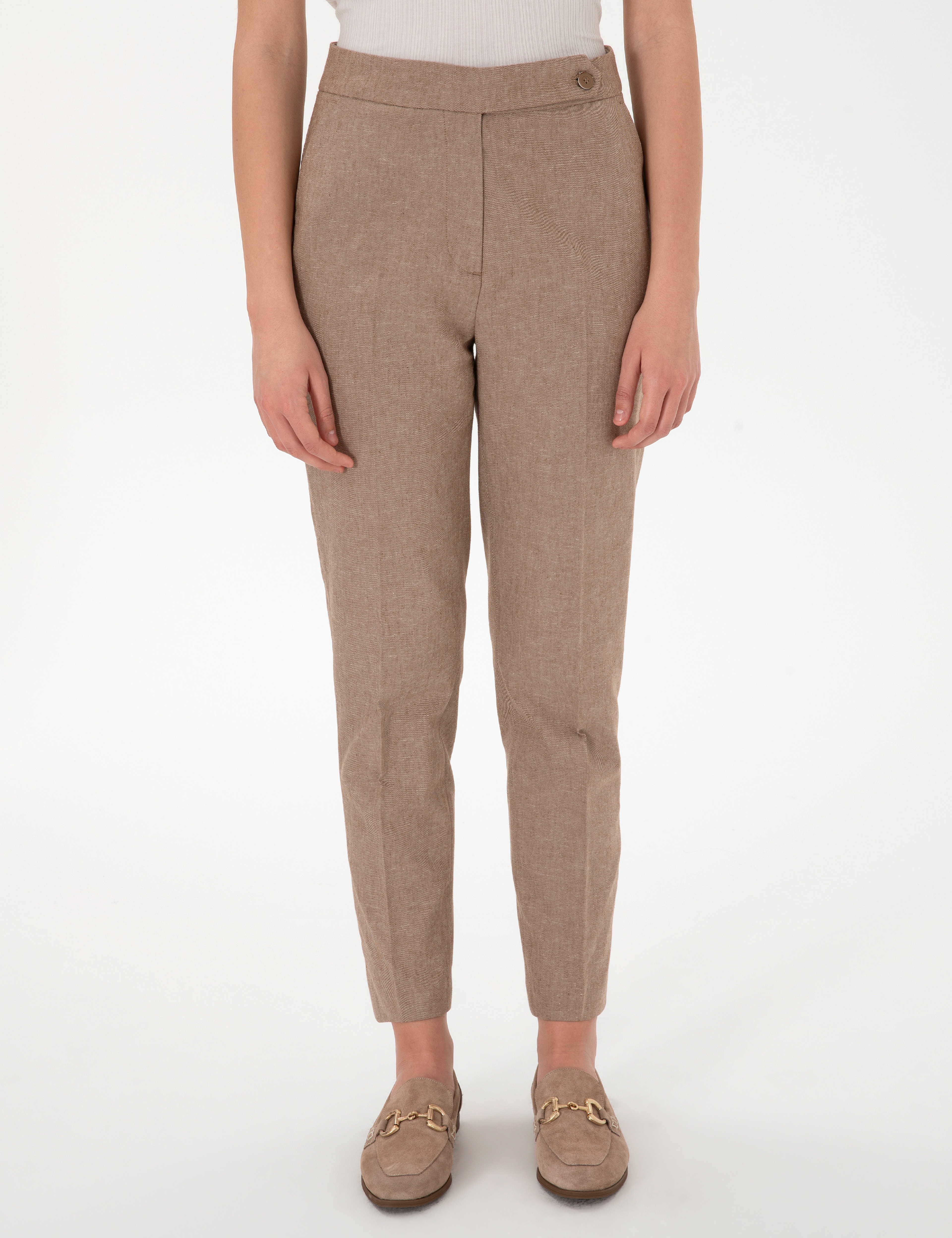 Camel Keten Karışımlı Kumaş Pantolon - Image 2