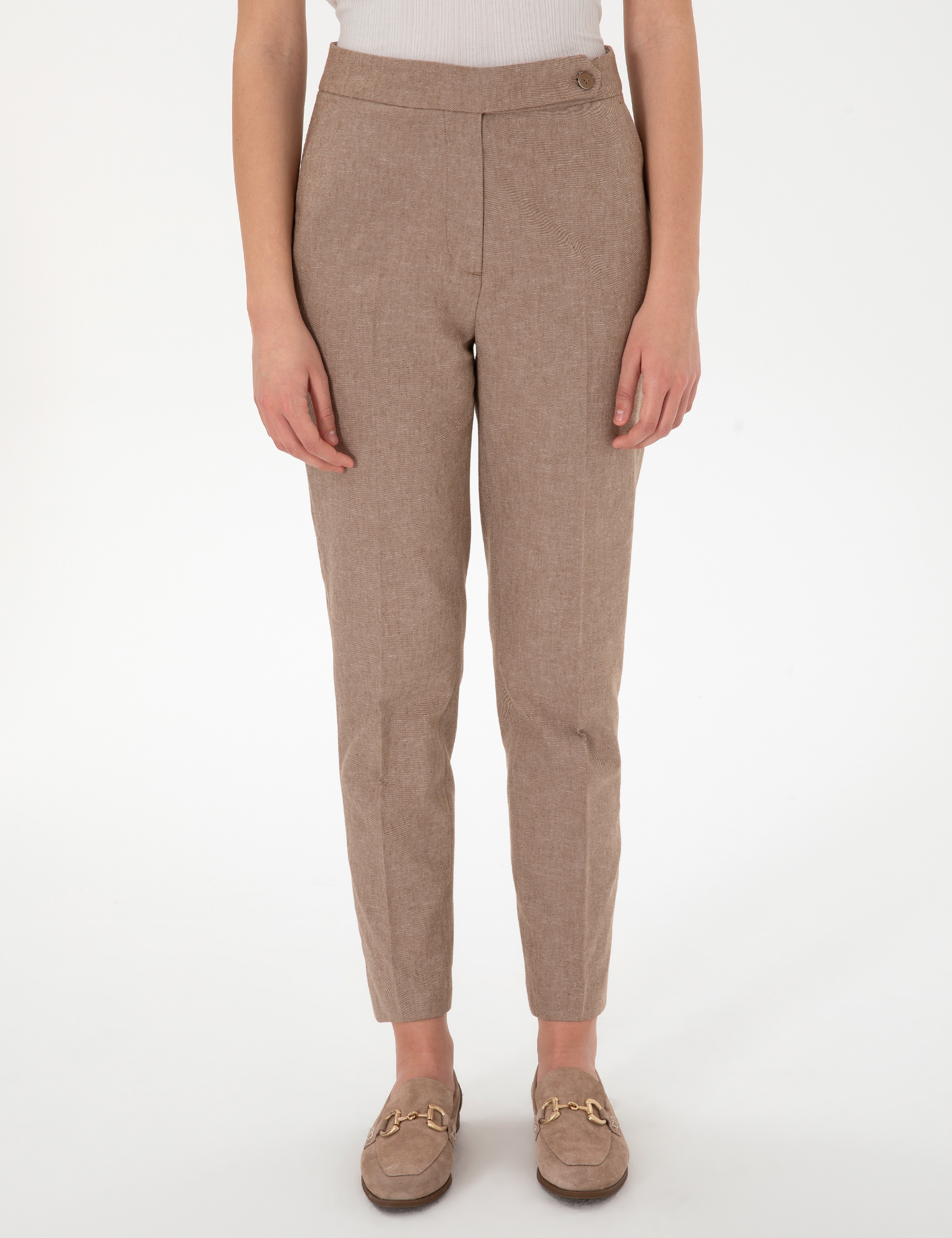 Camel Keten Karışımlı Kumaş Pantolon
