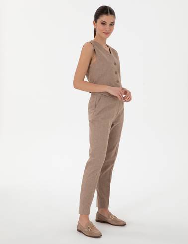 Camel Keten Karışımlı Kumaş Pantolon