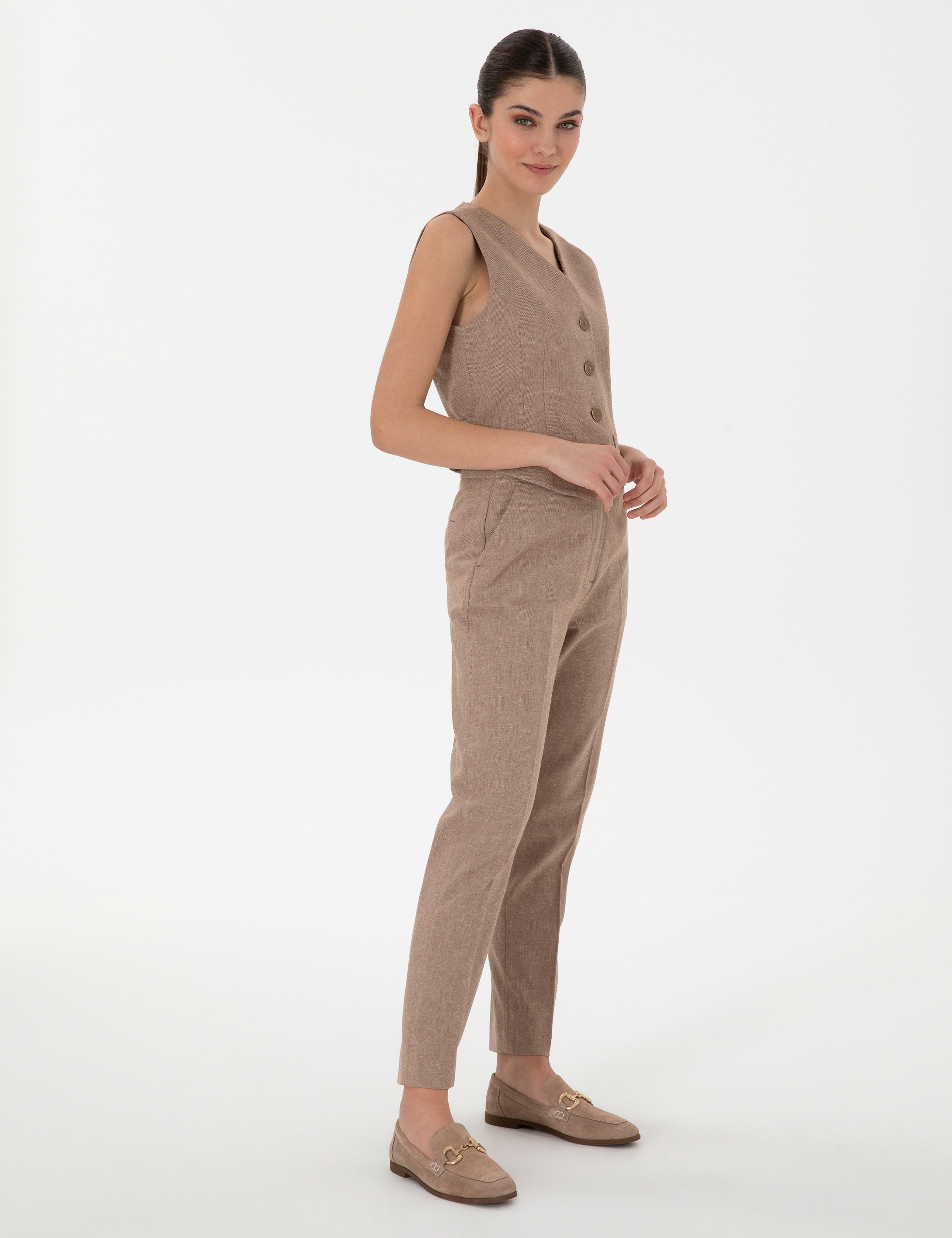 Camel Keten Karışımlı Kumaş Pantolon