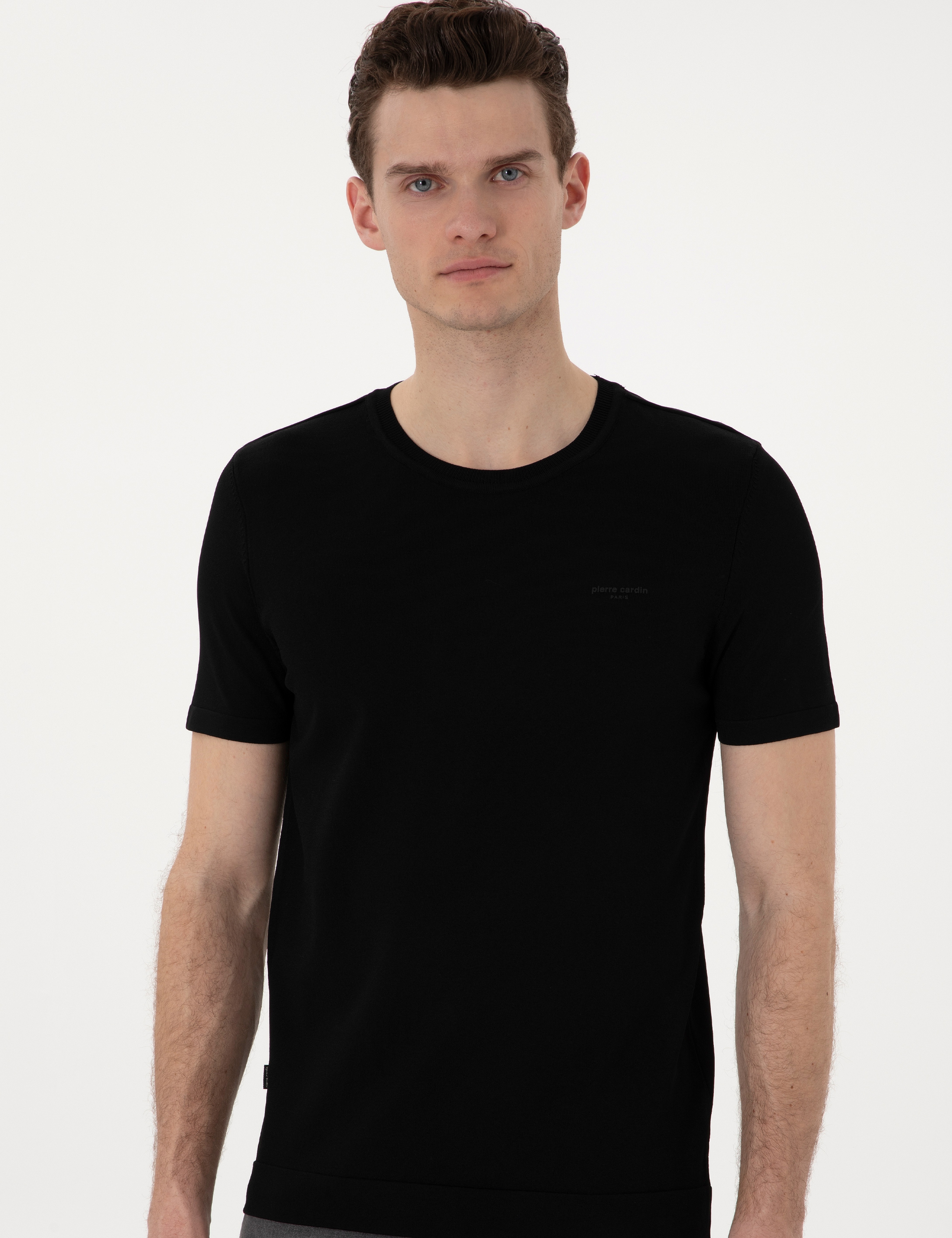 Siyah Slim Fit Bisiklet Yaka Triko Tişört - Image 3