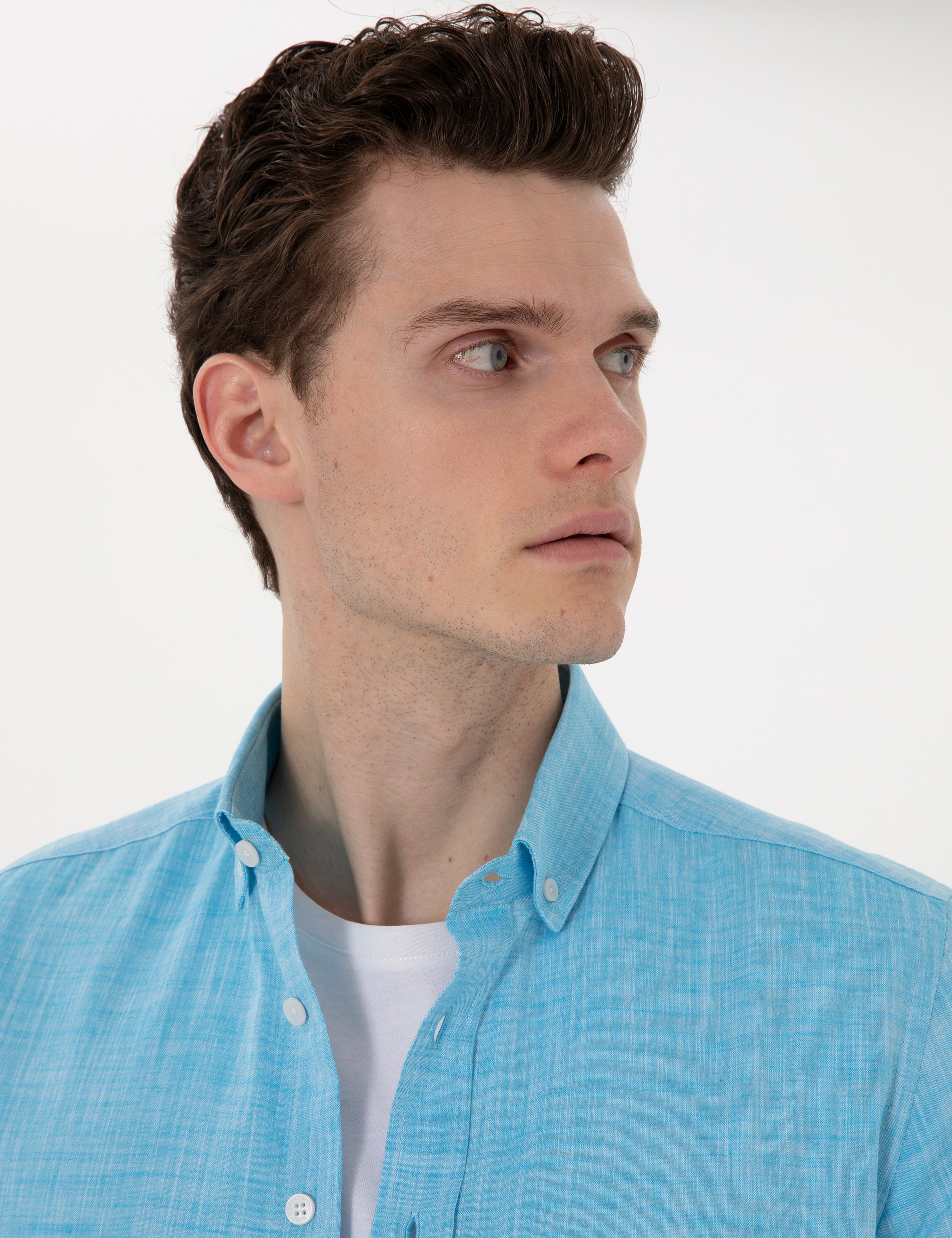 Aqua Keten Görünümlü Slim Fit Uzun Kollu Gömlek - Image 2