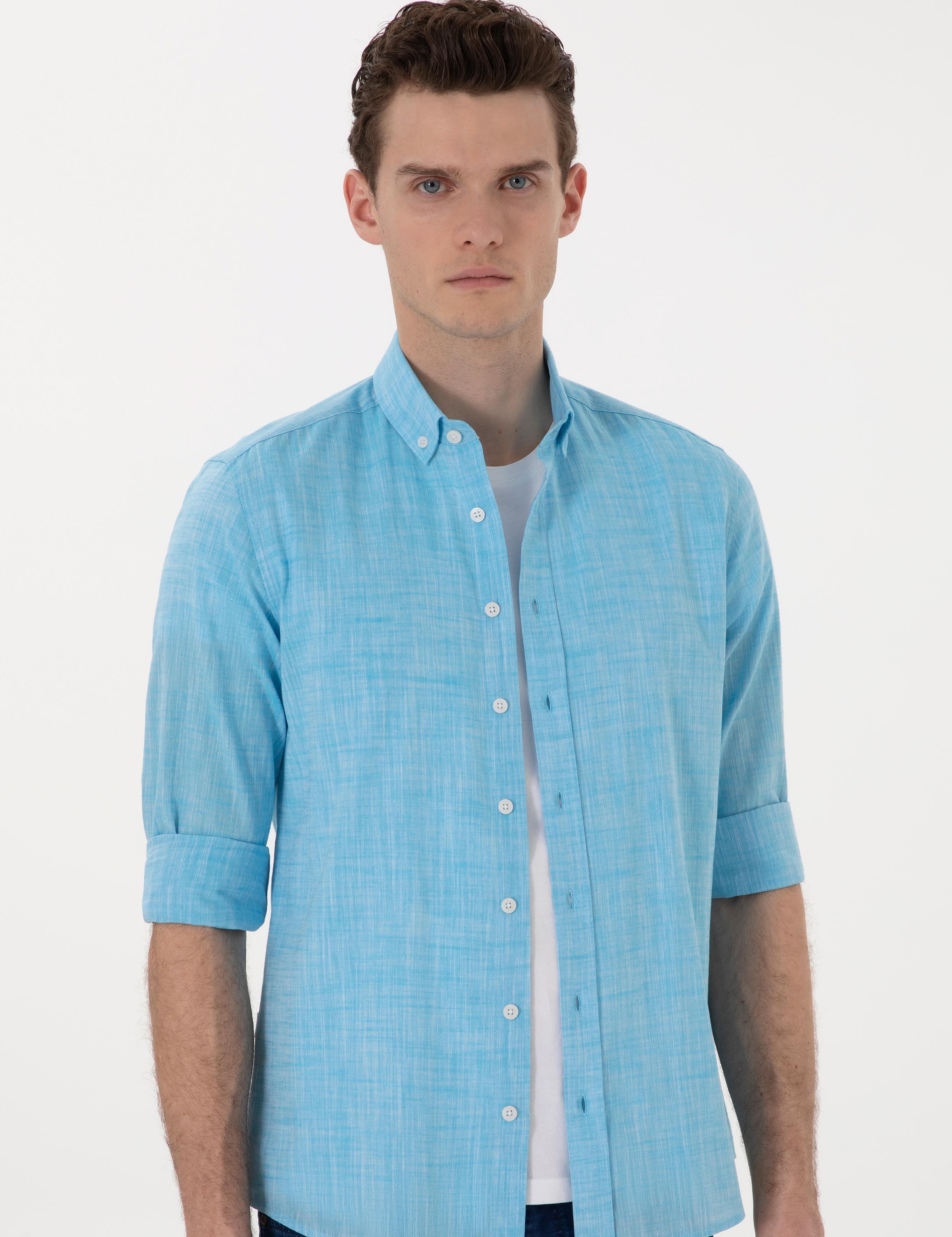 Aqua Keten Görünümlü Slim Fit Uzun Kollu Gömlek
