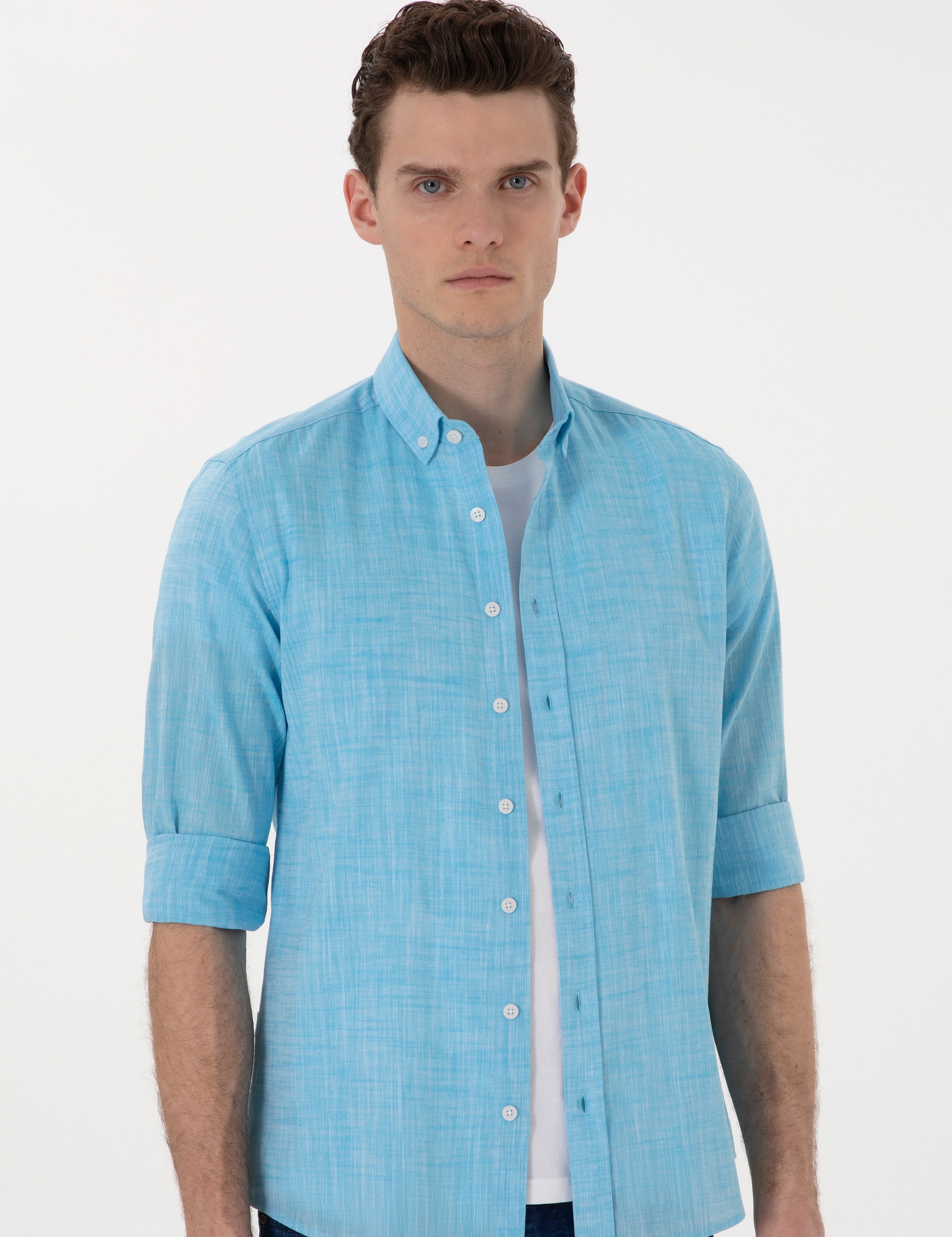 Aqua Keten Görünümlü Slim Fit Uzun Kollu Gömlek