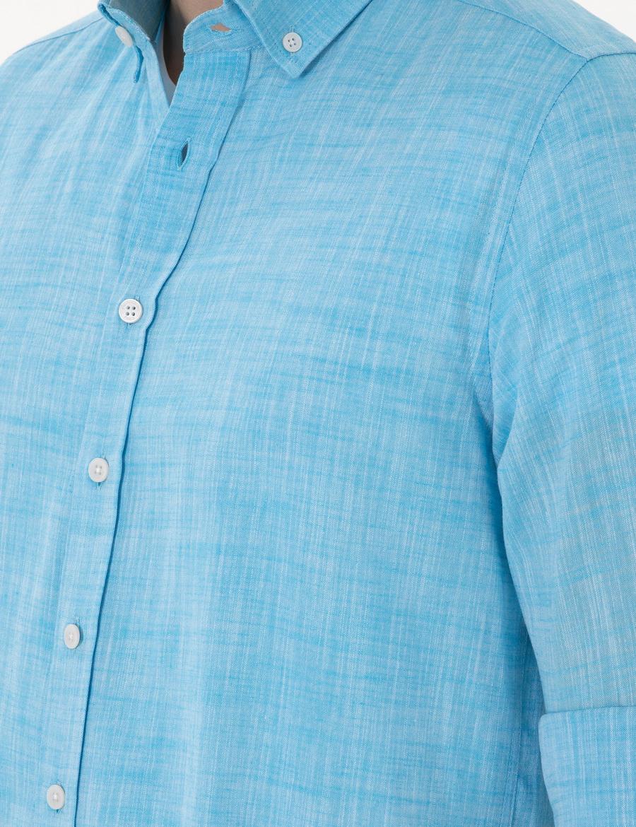 Aqua Keten Görünümlü Slim Fit Uzun Kollu Gömlek