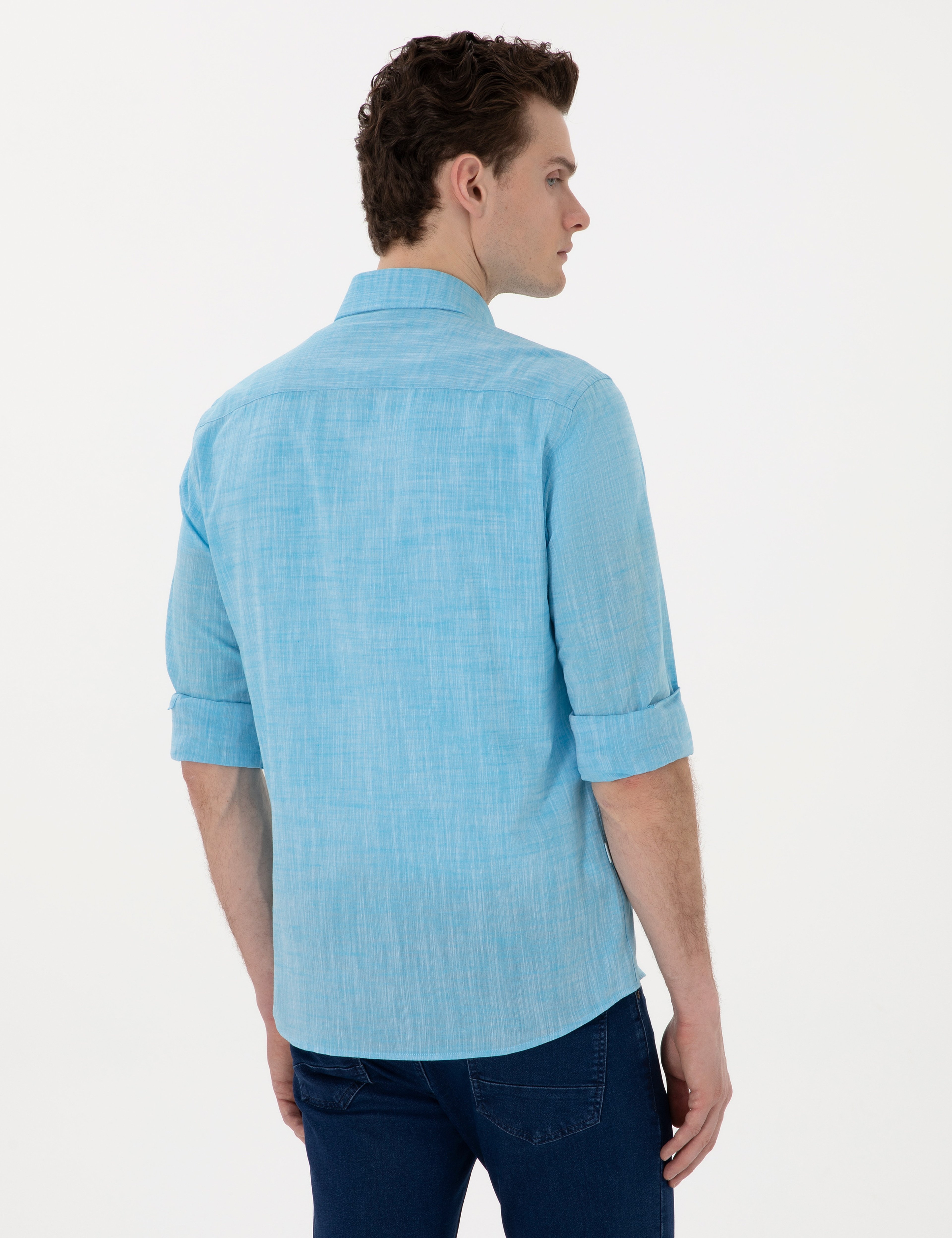 Aqua Keten Görünümlü Slim Fit Uzun Kollu Gömlek - Image 5