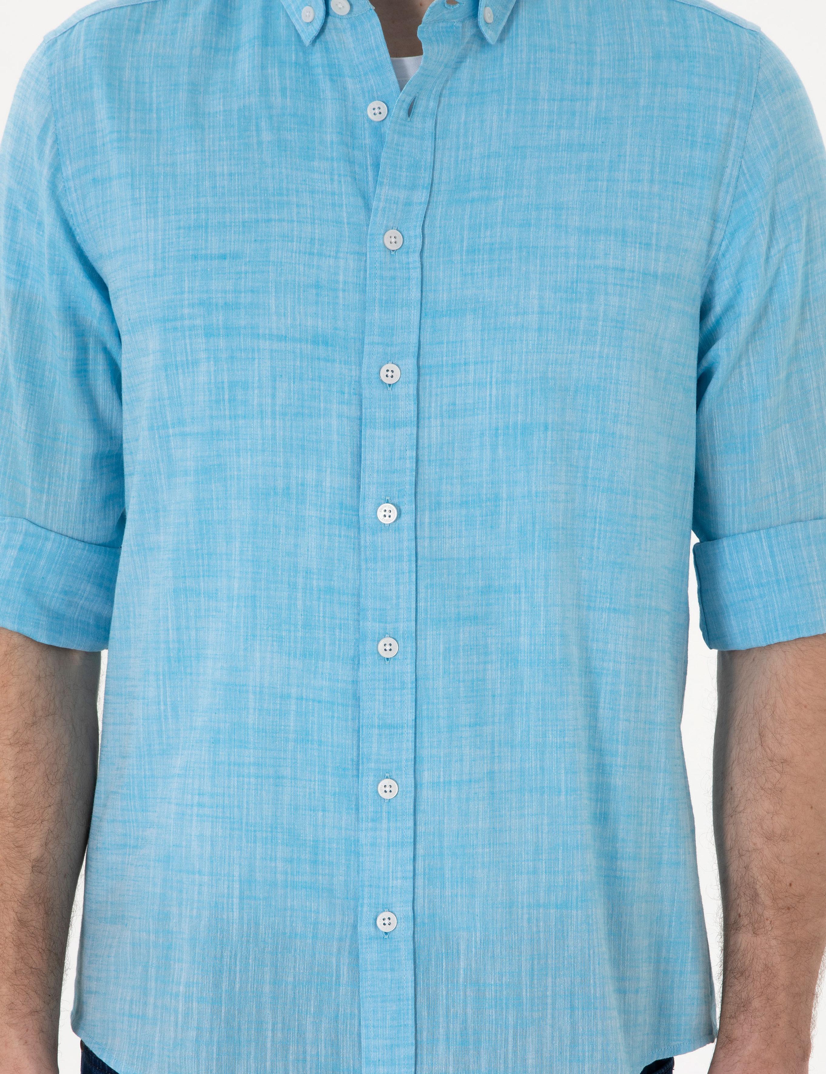 Aqua Keten Görünümlü Slim Fit Uzun Kollu Gömlek