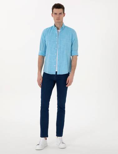 Aqua Keten Görünümlü Slim Fit Uzun Kollu Gömlek