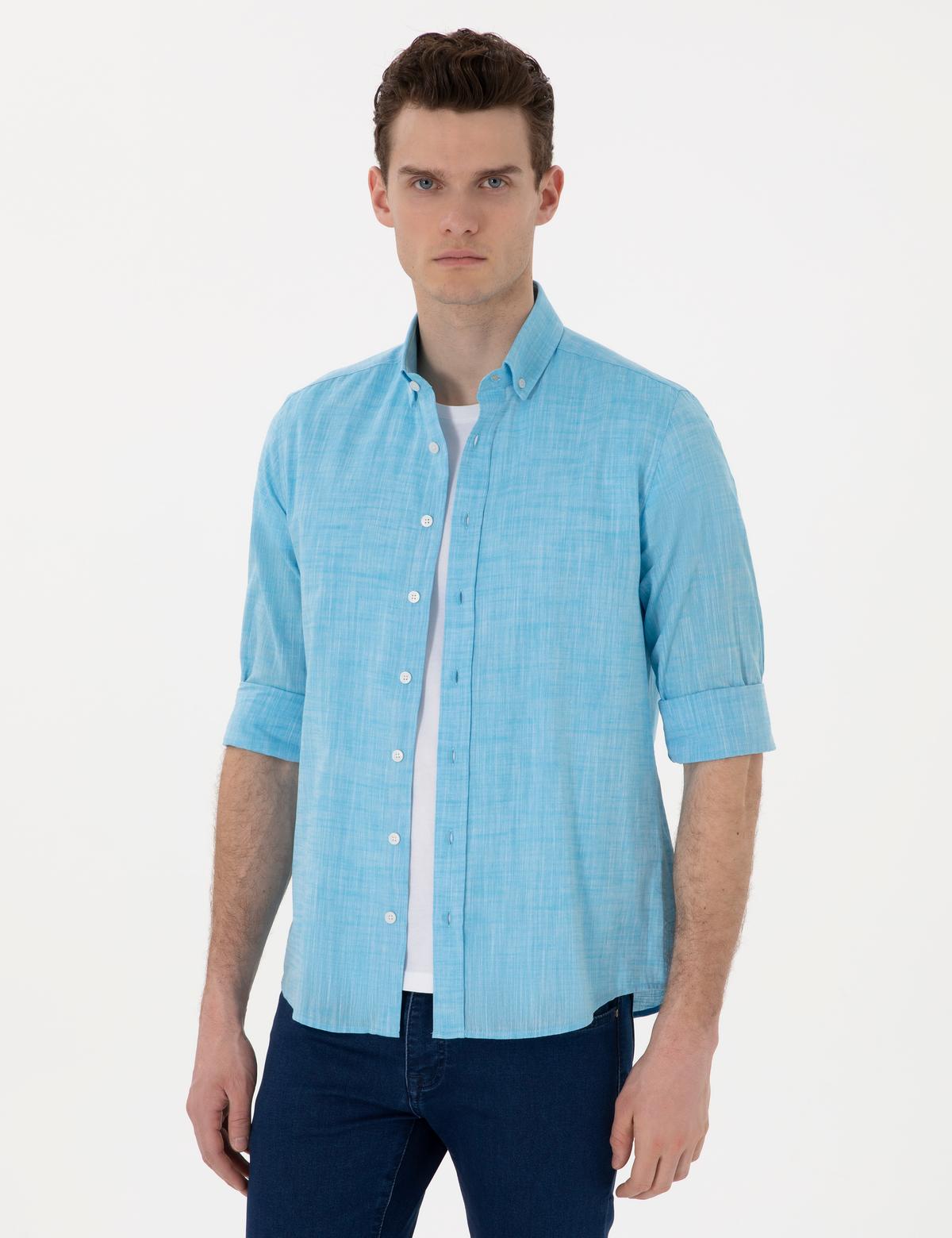 Aqua Keten Görünümlü Slim Fit Uzun Kollu Gömlek