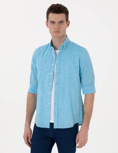 Aqua Keten Görünümlü Slim Fit Uzun Kollu Gömlek