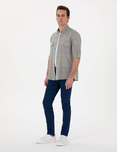 Haki Keten Karışımlı Regular Fit Uzun Kollu Gömlek