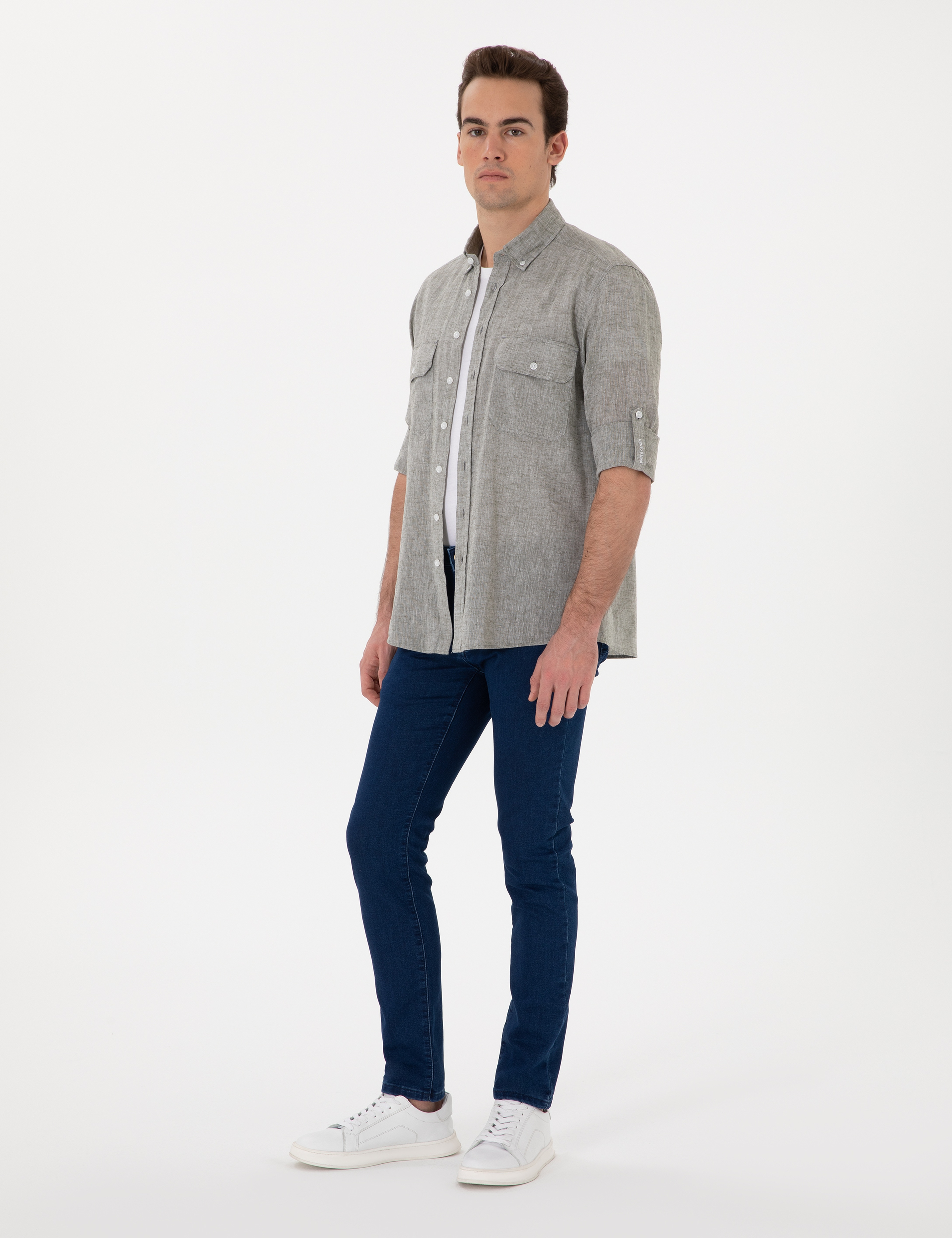 Haki Keten Karışımlı Regular Fit Uzun Kollu Gömlek - Image 4