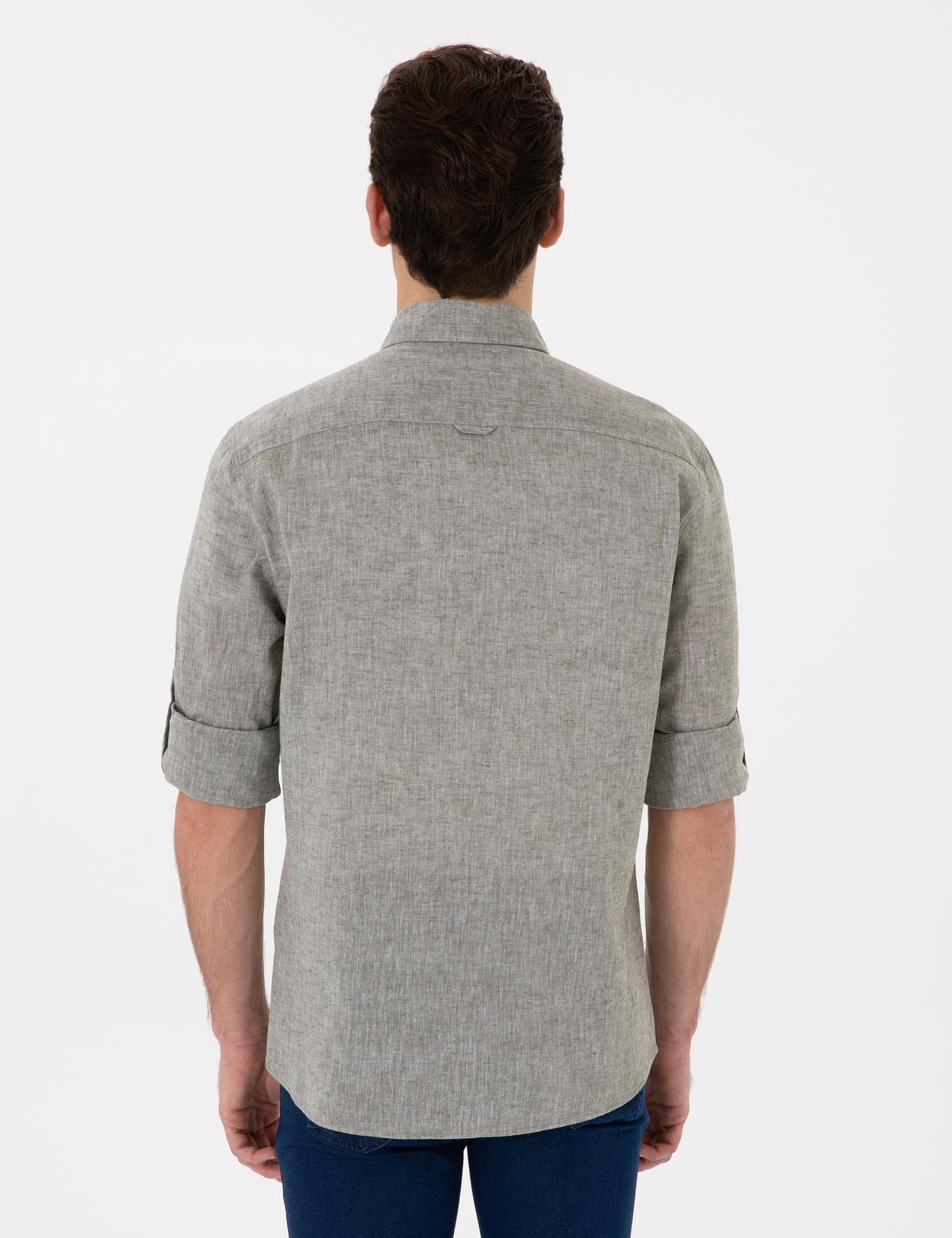 Haki Keten Karışımlı Regular Fit Uzun Kollu Gömlek - 50301752045