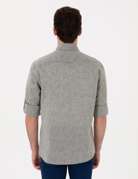 Haki Keten Karışımlı Regular Fit Uzun Kollu Gömlek - 50301752045