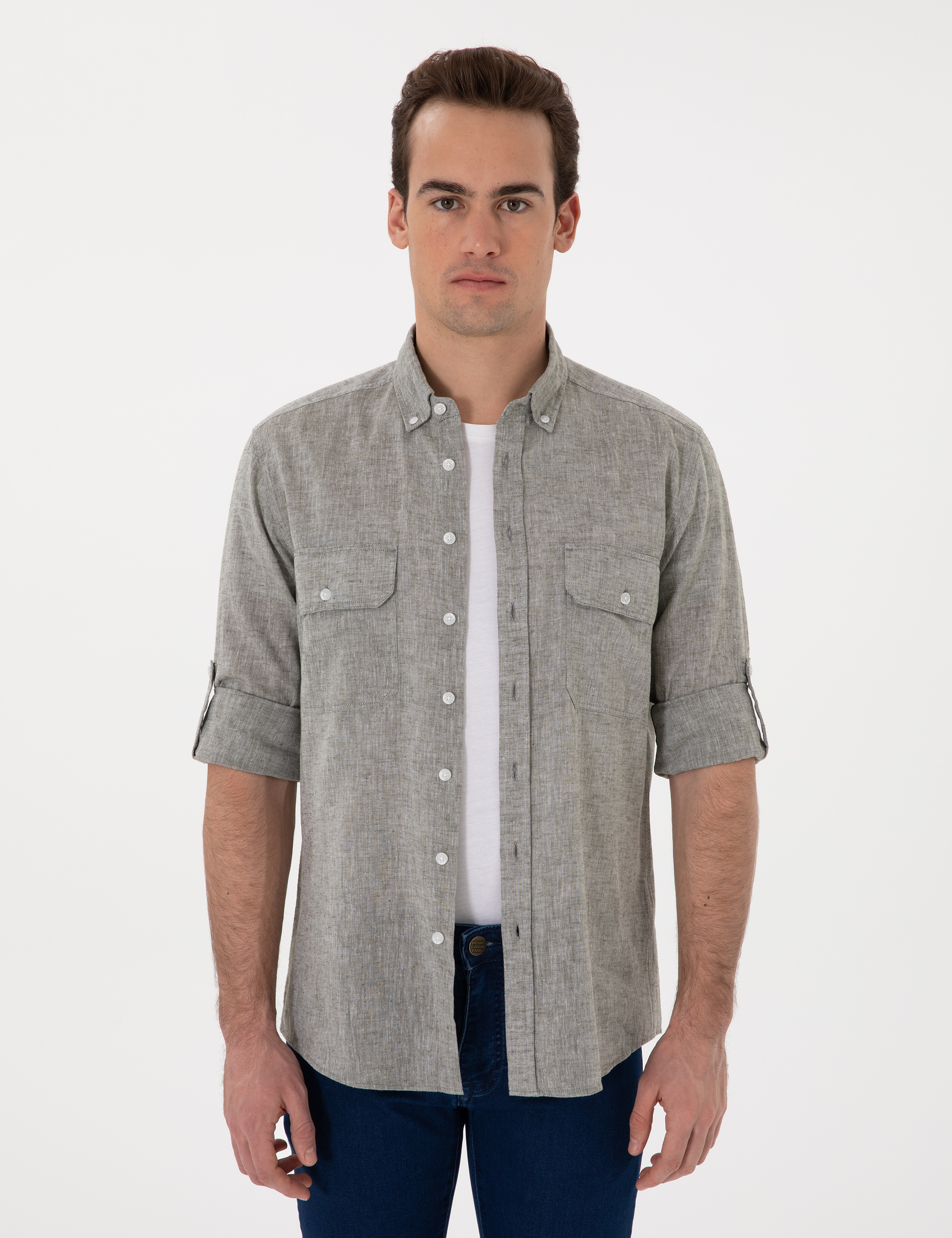 Haki Keten Karışımlı Regular Fit Uzun Kollu Gömlek - Image 3