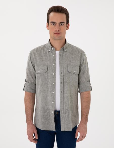 Haki Keten Karışımlı Regular Fit Uzun Kollu Gömlek - 50301752045