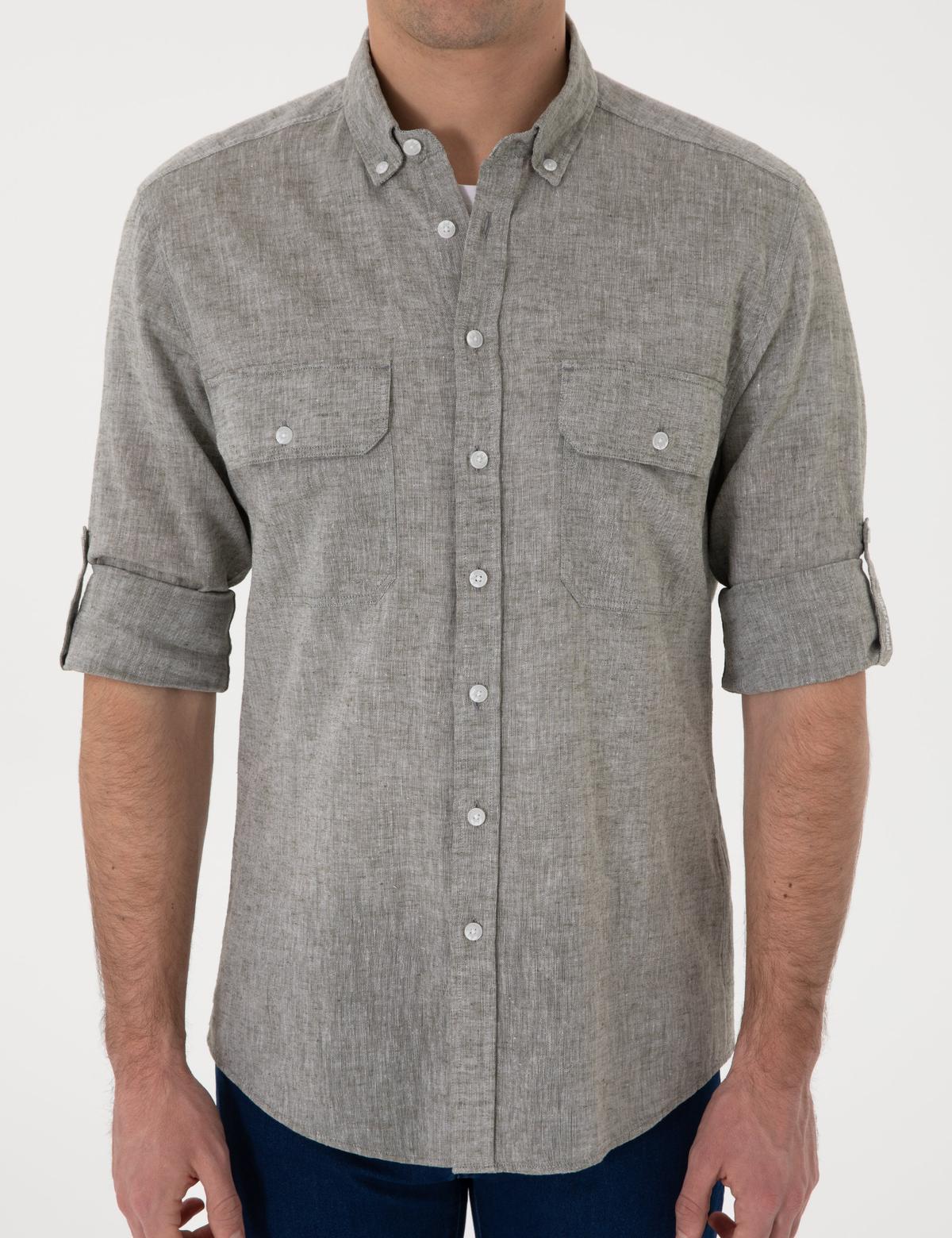 Haki Keten Karışımlı Regular Fit Uzun Kollu Gömlek - 50301752045