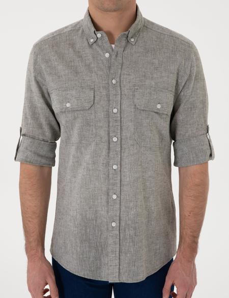 Haki Keten Karışımlı Regular Fit Uzun Kollu Gömlek - 50301752045