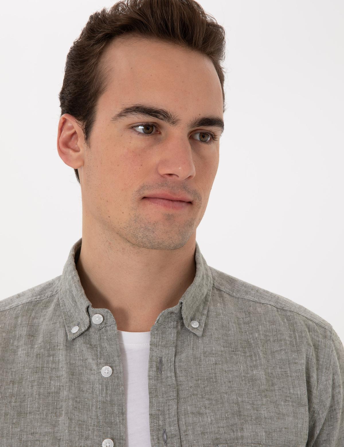 Haki Keten Karışımlı Regular Fit Uzun Kollu Gömlek - 50301752045