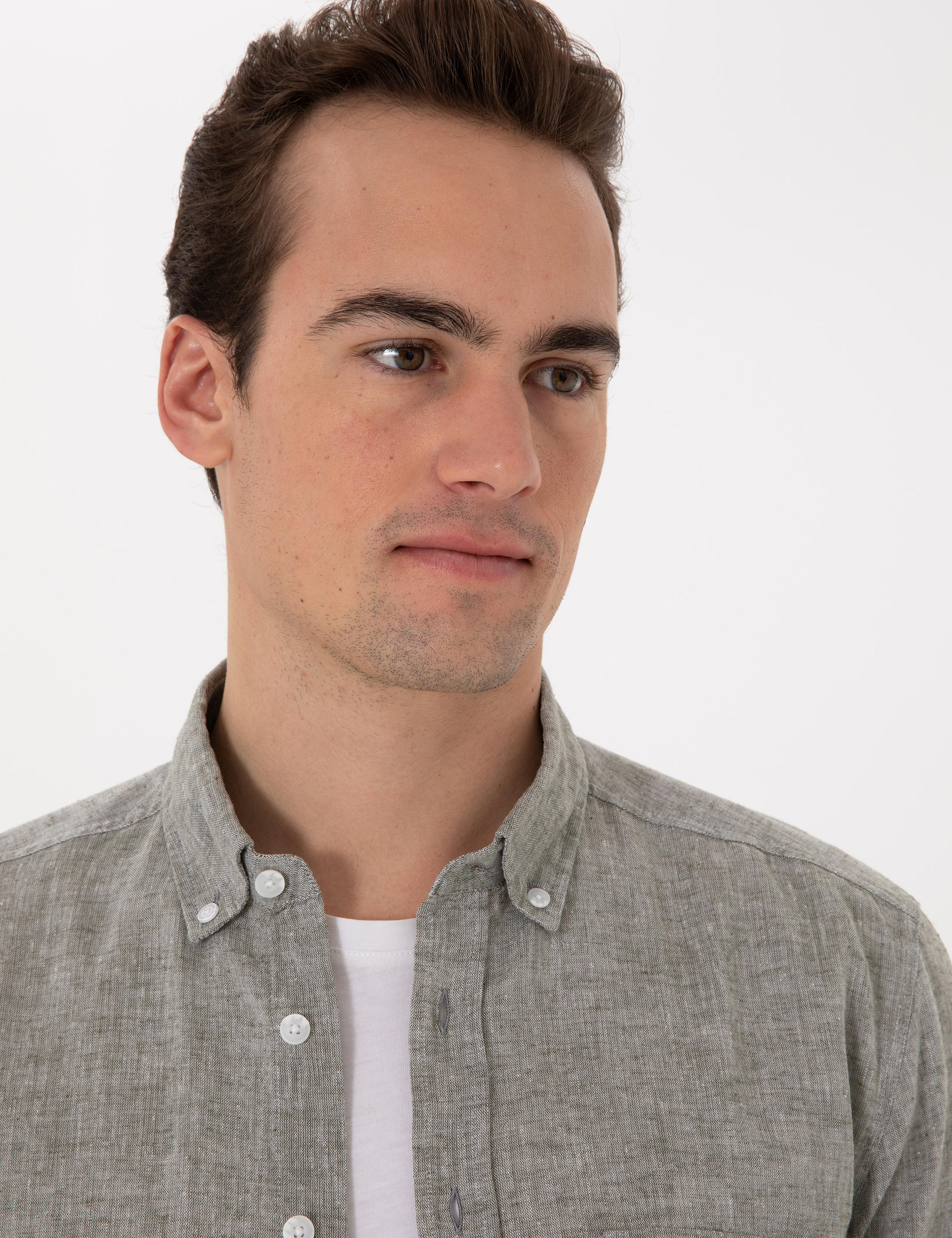 Haki Keten Karışımlı Regular Fit Uzun Kollu Gömlek